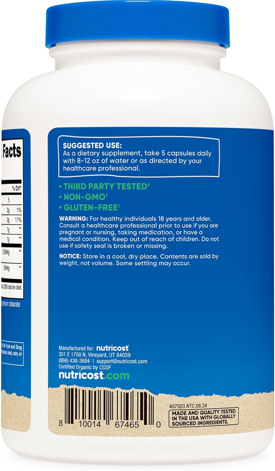 Organic Psyllium Husk & Jerusalem Artichoke Fiber Capsules - 300 Capsules, 60 Servings, Gluten Free, 3g Per Serving - Nutricost Prebiotic Fiber Supplement