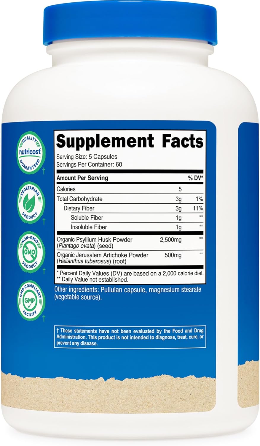 Organic Psyllium Husk & Jerusalem Artichoke Fiber Capsules - 300 Capsules, 60 Servings, Gluten Free, 3g Per Serving - Nutricost Prebiotic Fiber Supplement