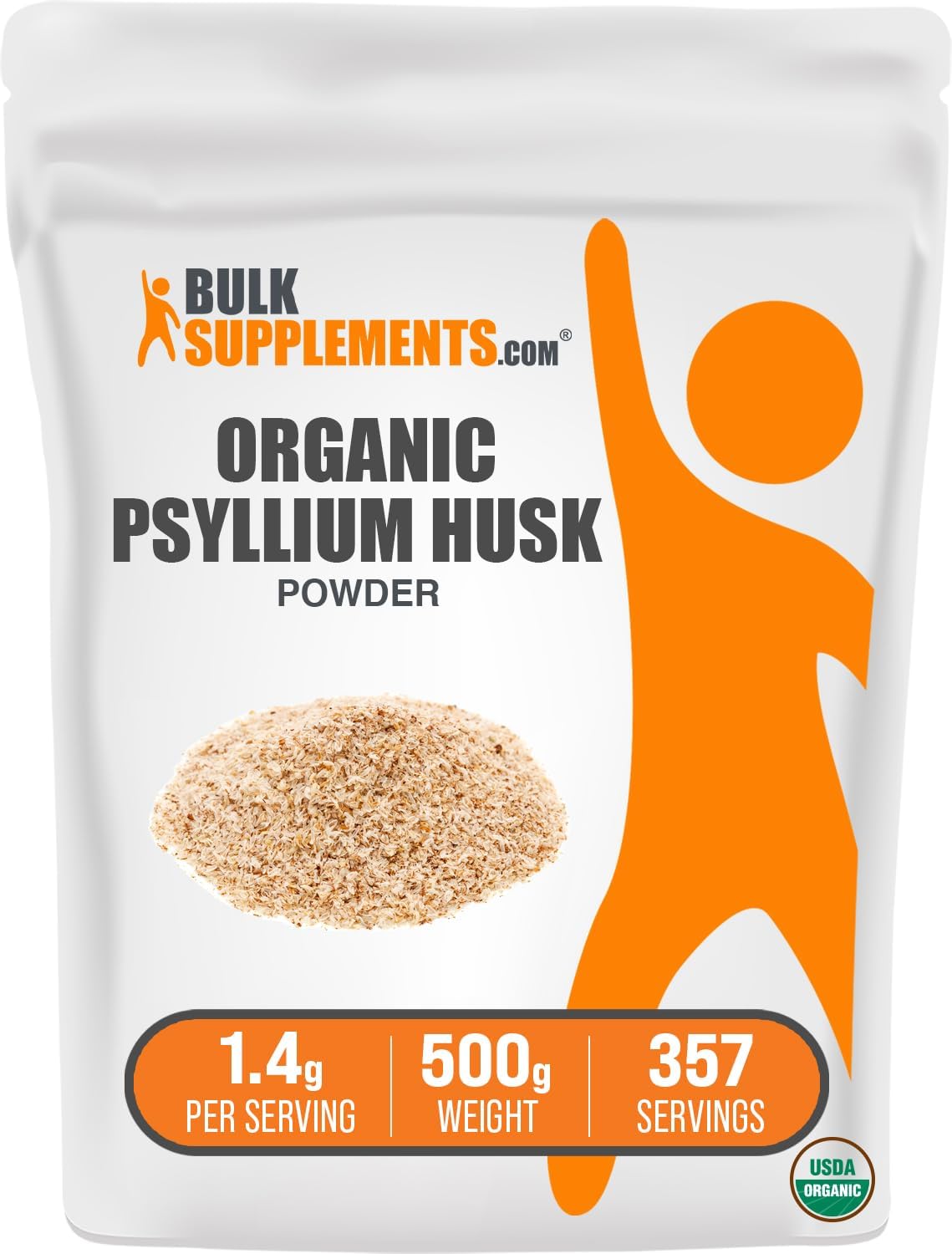 Organic Psyllium Husk Powder - Gluten-Free Fiber Supplement for Baking, 1400mg per Serving - 500g (1.1 lbs) Pack from BulkSupplements