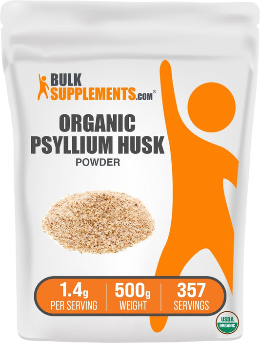 Organic Psyllium Husk Powder - Gluten-Free Fiber Supplement for Baking, 1400mg per Serving - 500g (1.1 lbs) Pack from BulkSupplements