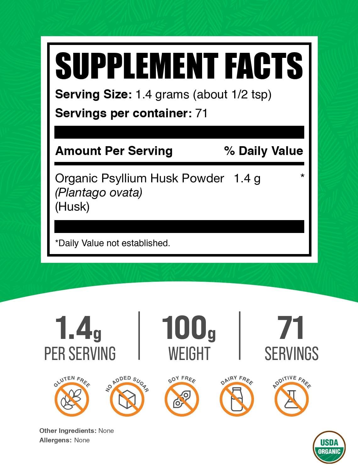 Organic Psyllium Husk Powder - Gluten Free Fiber Supplement for Baking, 1400mg per Serving, 100g