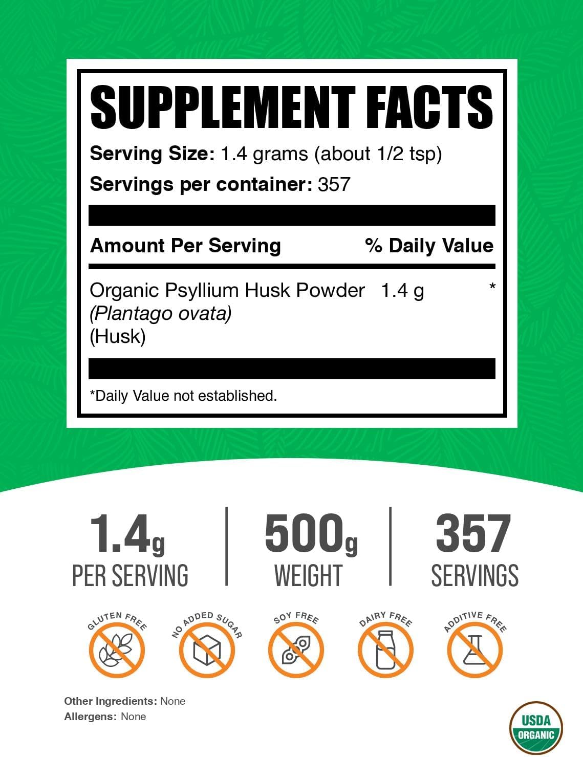 Organic Psyllium Husk Powder - Gluten-Free Fiber Supplement for Baking, 1400mg per Serving - 500g (1.1 lbs) Pack from BulkSupplements