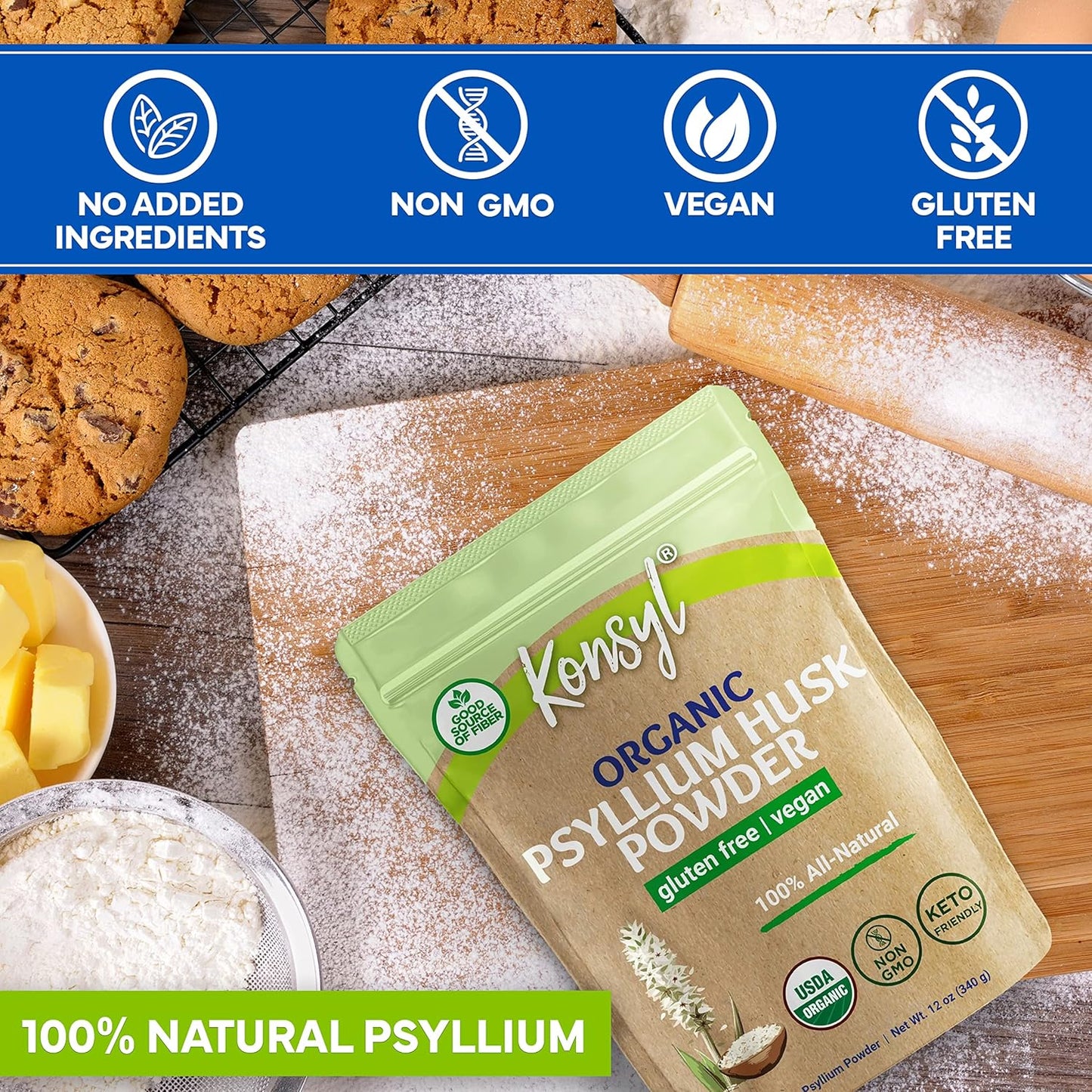 Organic Psyllium Husk Powder for Vegan Baking - USDA Certified Fiber Supplement - Natural, Gluten-Free, Sugar-Free