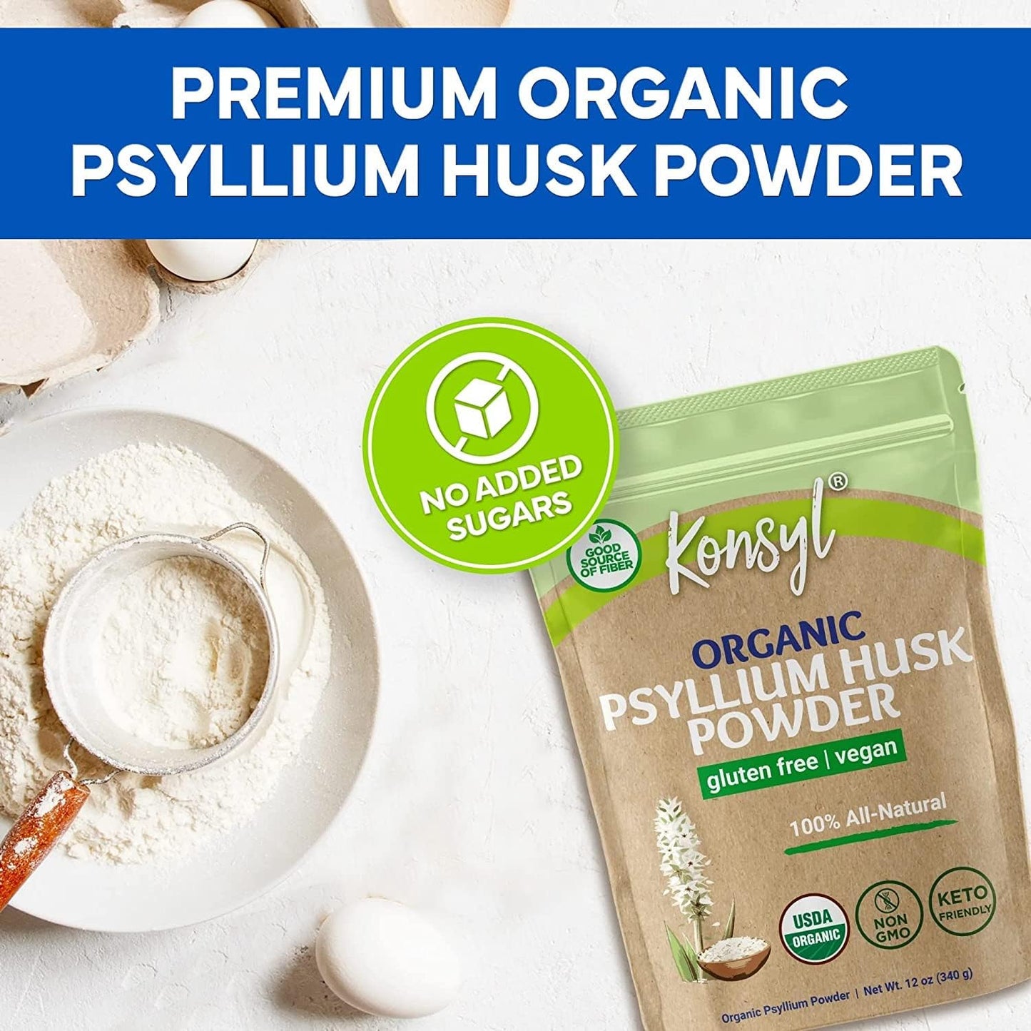 Organic Psyllium Husk Powder for Vegan Baking - USDA Certified Fiber Supplement - Natural, Gluten-Free, Sugar-Free