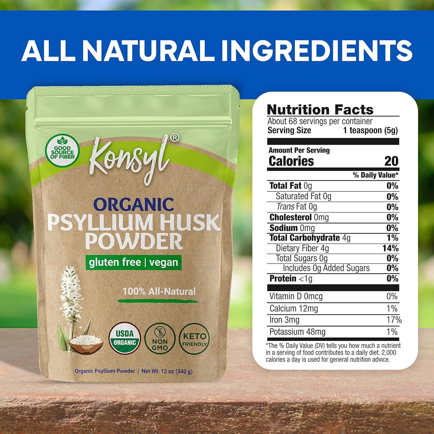 Organic Psyllium Husk Powder for Vegan Baking - USDA Certified Fiber Supplement - Natural, Gluten-Free, Sugar-Free