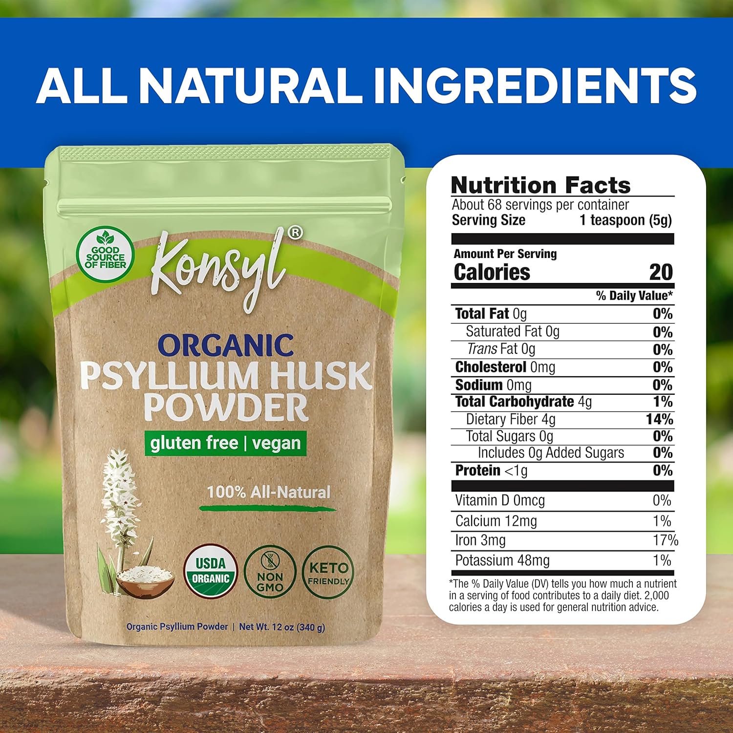 Organic Psyllium Husk Powder for Vegan Baking - USDA Certified Fiber Supplement - Natural, Gluten-Free, Sugar-Free