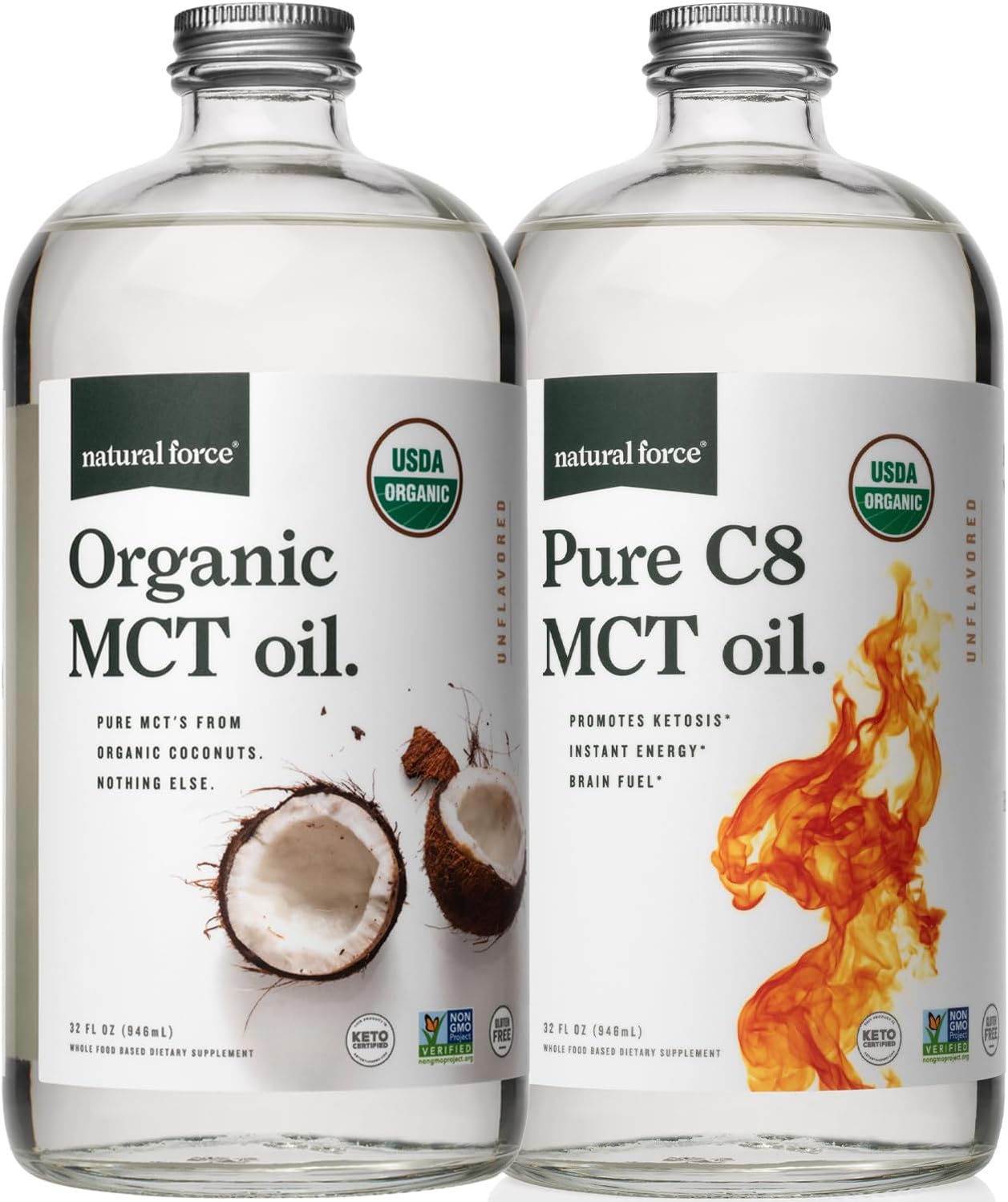 Organic Pure C8 and MCT Oil Bundle - USDA Organic, Non GMO, 100% Pure Coconut MCTs - Keto, Paleo, Vegan, Kosher - 2X 32 oz Glass Bottles