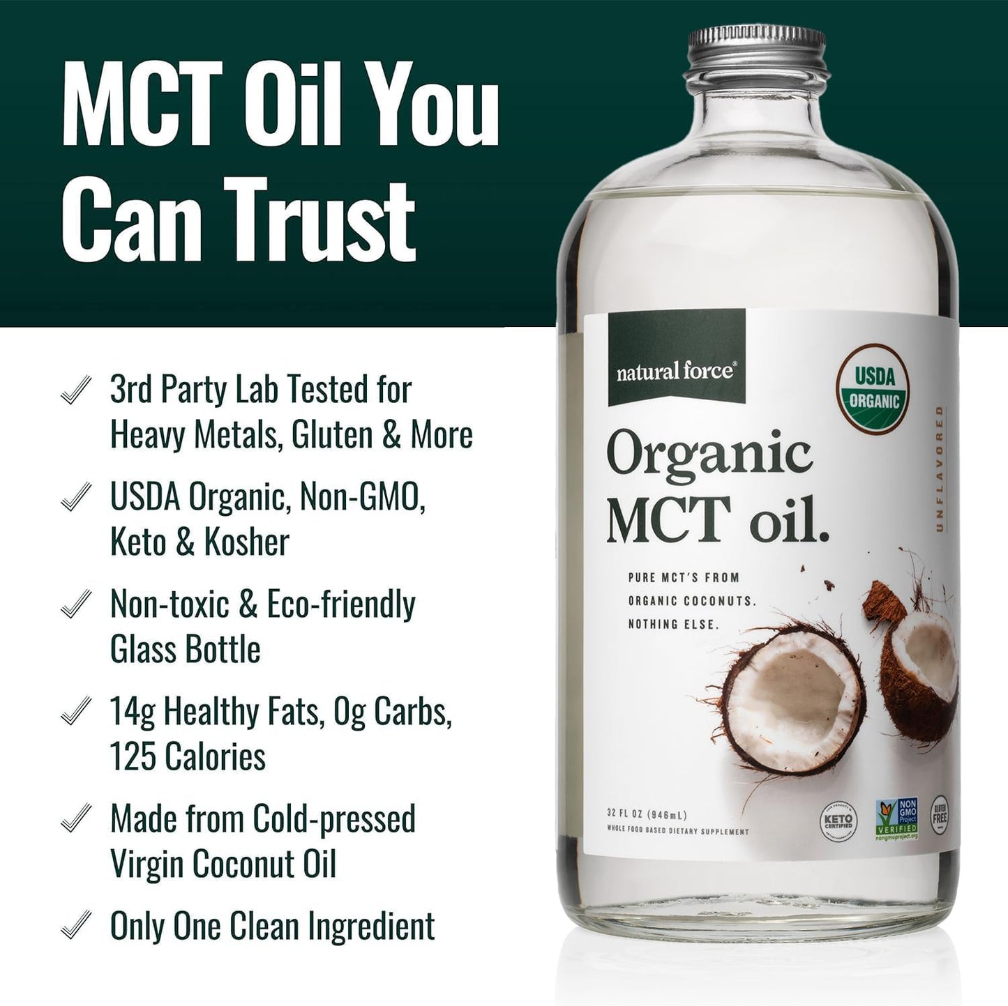 Organic Pure C8 and MCT Oil Bundle - USDA Organic, Non GMO, 100% Pure Coconut MCTs - Keto, Paleo, Vegan, Kosher - 2X 32 oz Glass Bottles