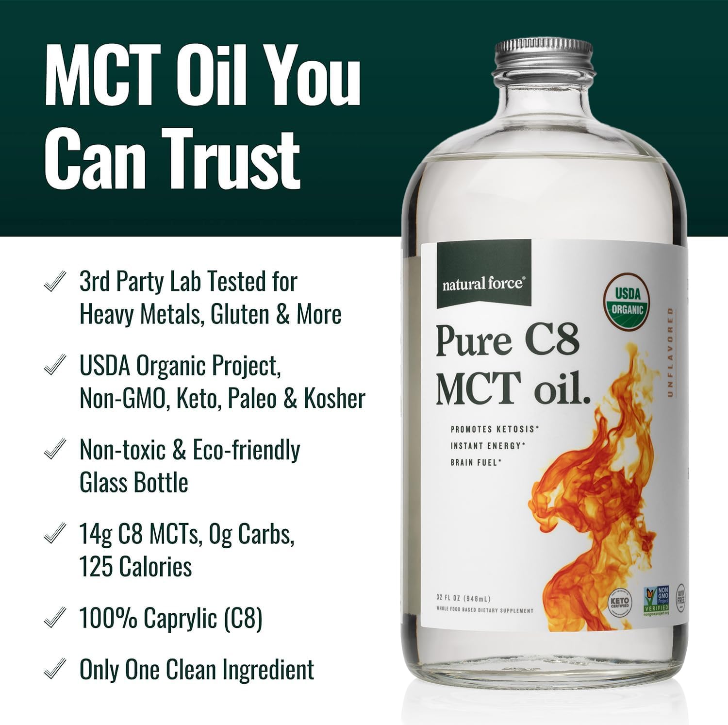Organic Pure C8 and MCT Oil Bundle - USDA Organic, Non GMO, 100% Pure Coconut MCTs - Keto, Paleo, Vegan, Kosher - 2X 32 oz Glass Bottles