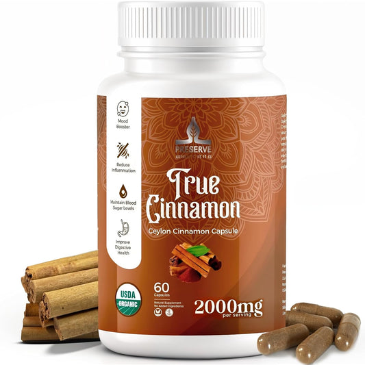 Organic Pure Ceylon Cinnamon Capsules - 2,000mg, Non-GMO, Gluten-Free, Vegan - Two Month Supply of Sri Lanka Cinnamon Powder - Sugar-Free