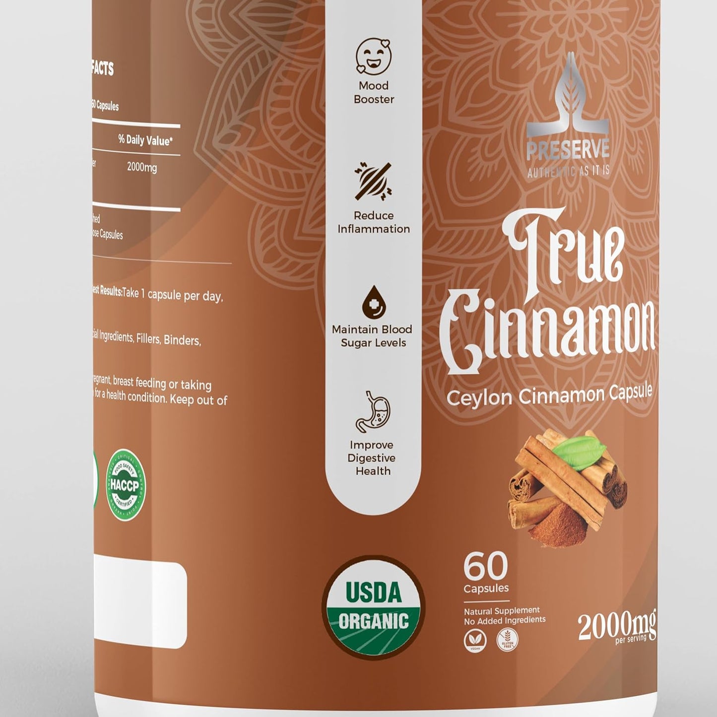 Organic Pure Ceylon Cinnamon Capsules - 2,000mg, Non-GMO, Gluten-Free, Vegan - Two Month Supply of Sri Lanka Cinnamon Powder - Sugar-Free