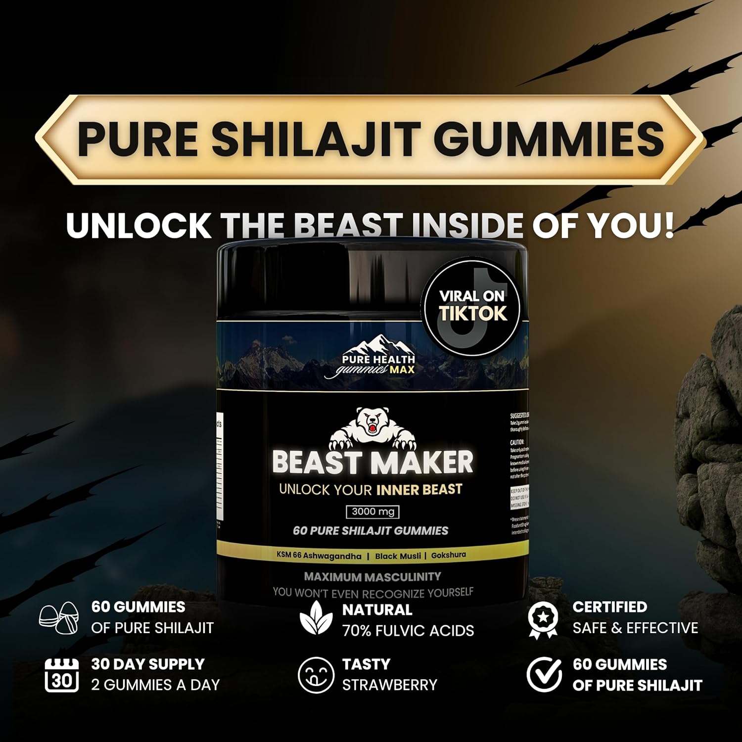 Organic Pure Health Max Beast Maker Shilajit Gummies for Men - Male Enhancement Supplement with Ashwagandha, Black Musli, Gokshura - 60 Gummies