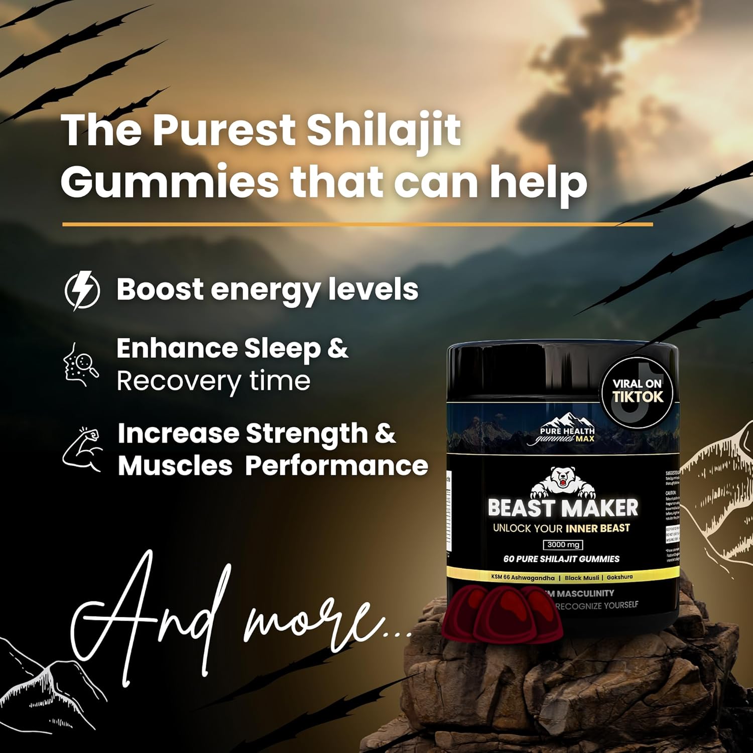 Organic Pure Health Max Beast Maker Shilajit Gummies for Men - Male Enhancement Supplement with Ashwagandha, Black Musli, Gokshura - 60 Gummies