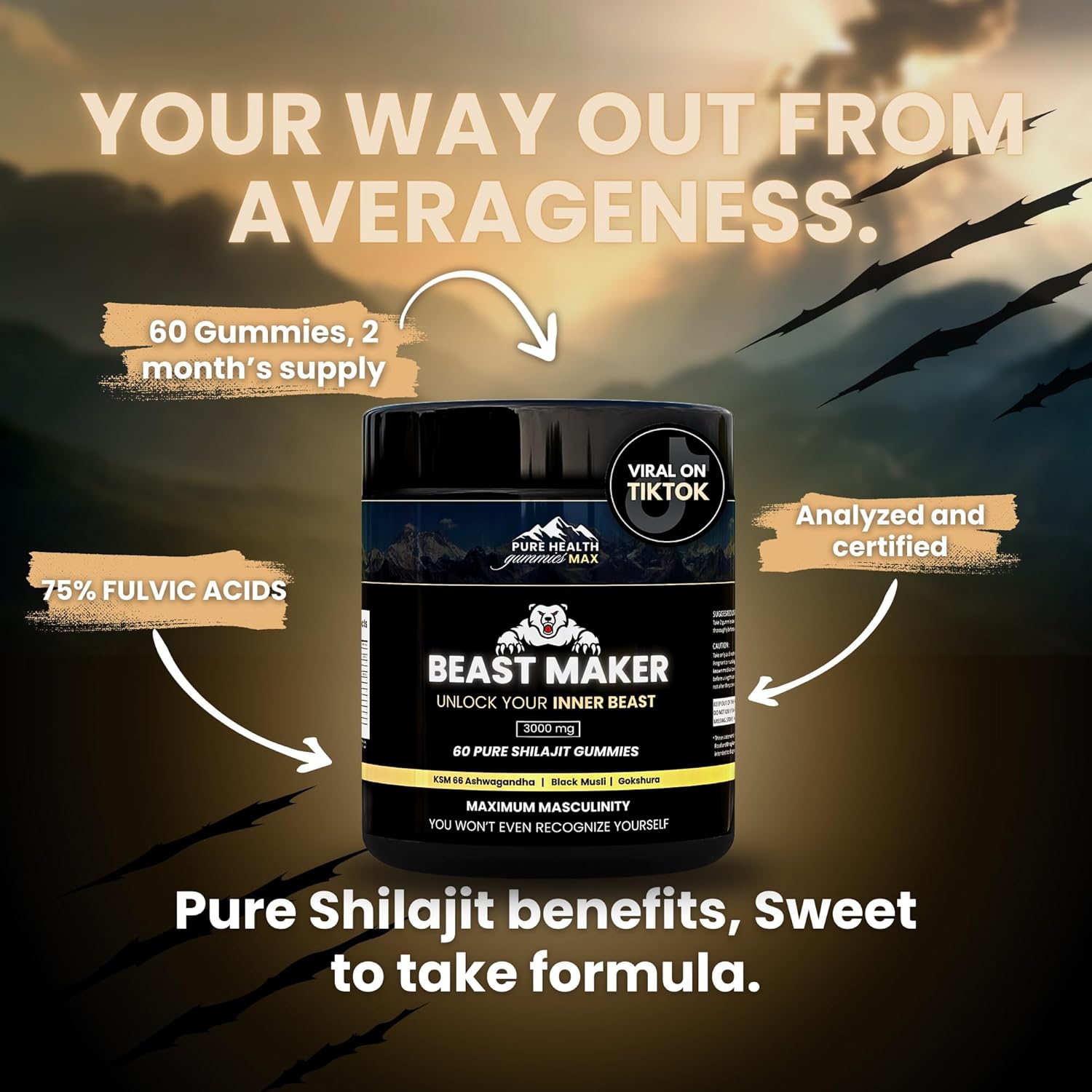 Organic Pure Health Max Beast Maker Shilajit Gummies for Men - Male Enhancement Supplement with Ashwagandha, Black Musli, Gokshura - 60 Gummies