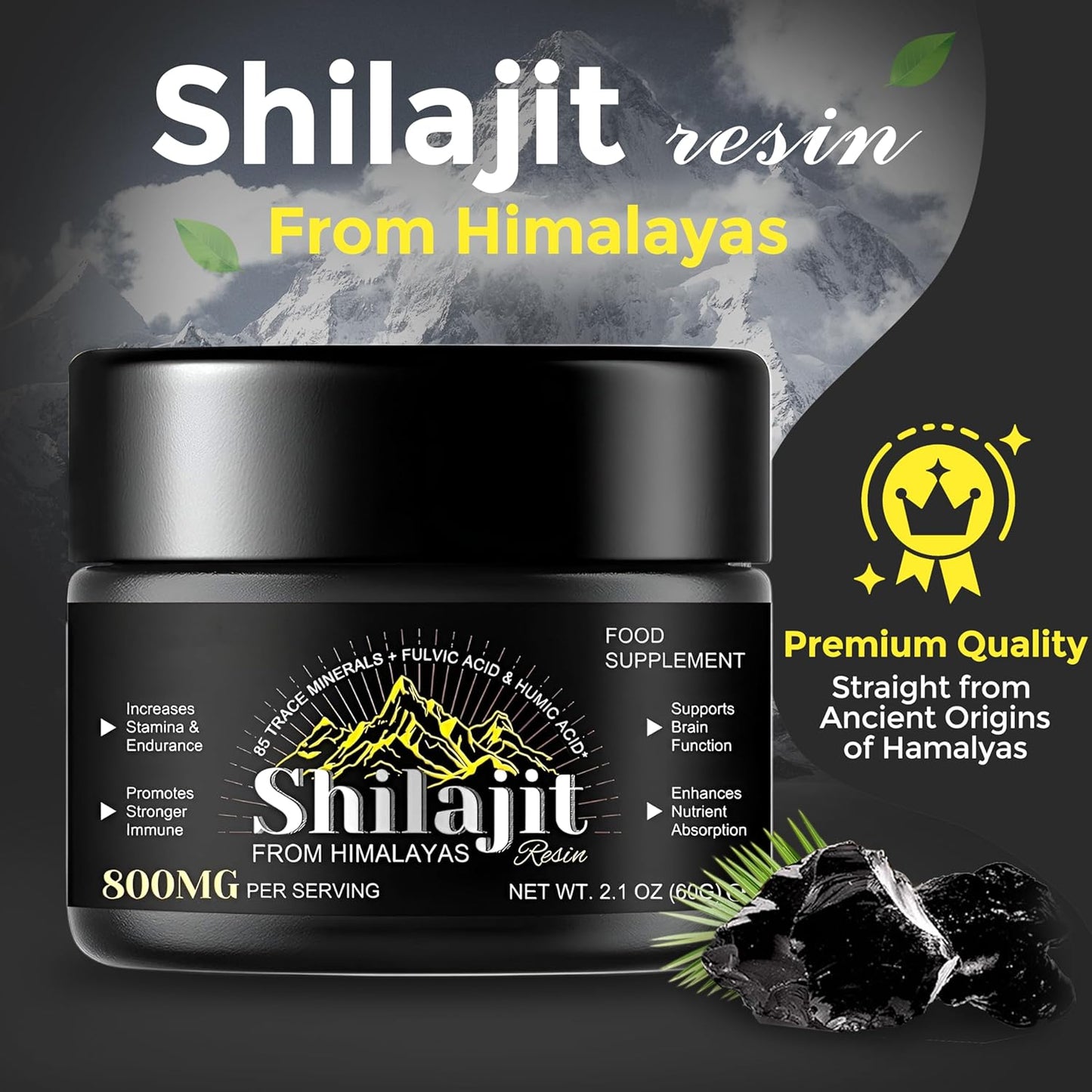 Organic Pure Himalayan Shilajit Resin 800mg - 60g Pack || Natural Shilajit for Women & Men || 85+ Trace Minerals, Fulvic Acid