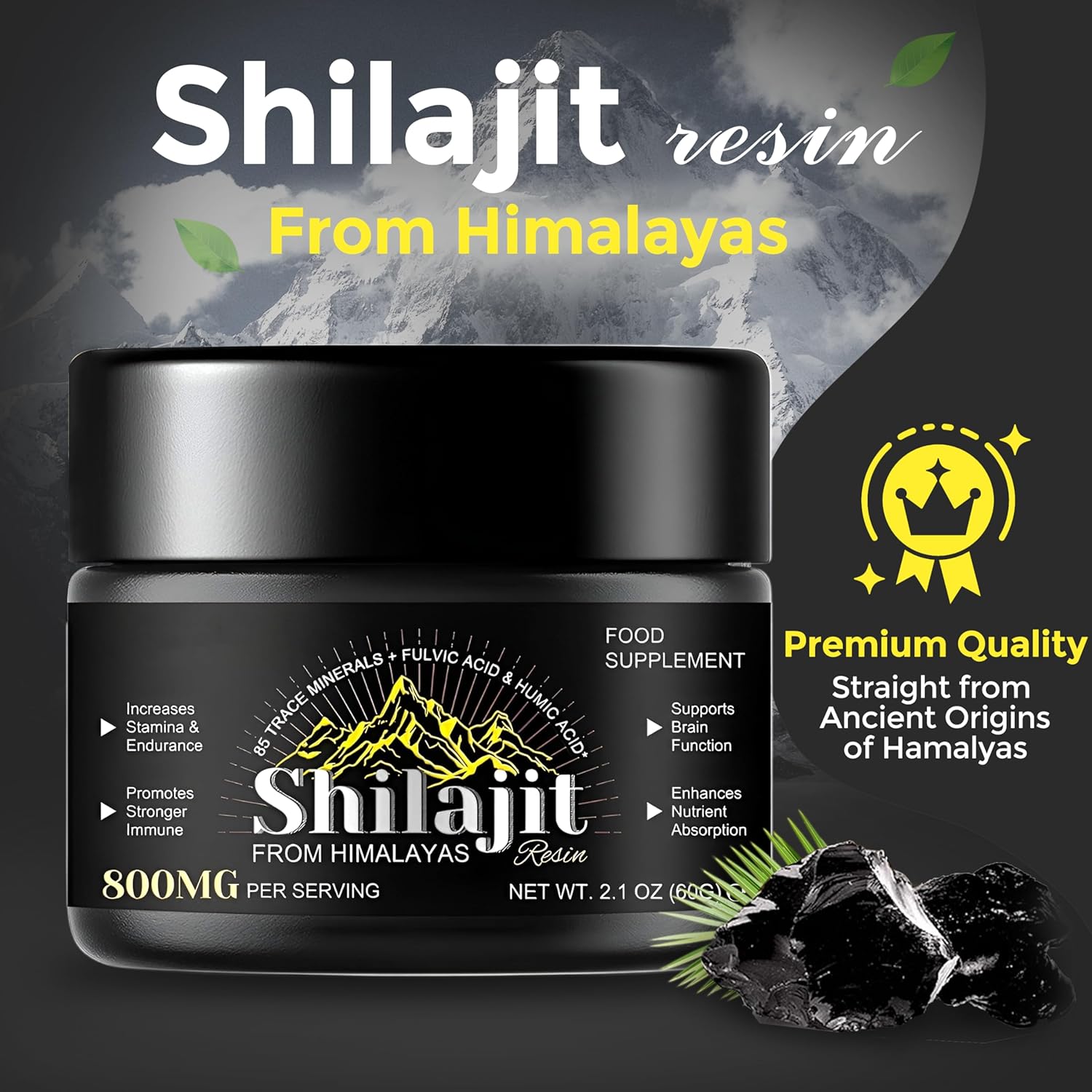 Organic Pure Himalayan Shilajit Resin 800mg - 60g Pack || Natural Shilajit for Women & Men || 85+ Trace Minerals, Fulvic Acid