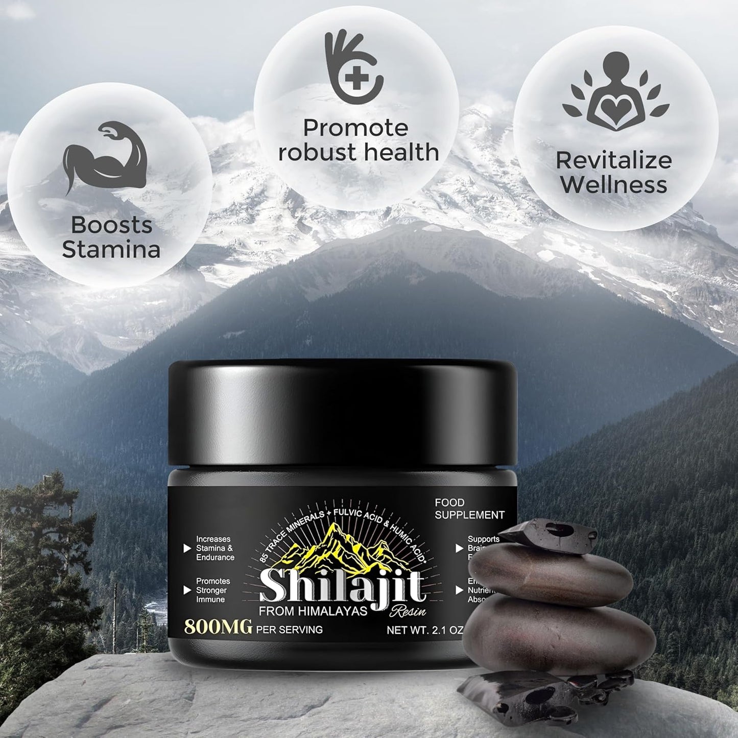Organic Pure Himalayan Shilajit Resin 800mg - 60g Pack || Natural Shilajit for Women & Men || 85+ Trace Minerals, Fulvic Acid
