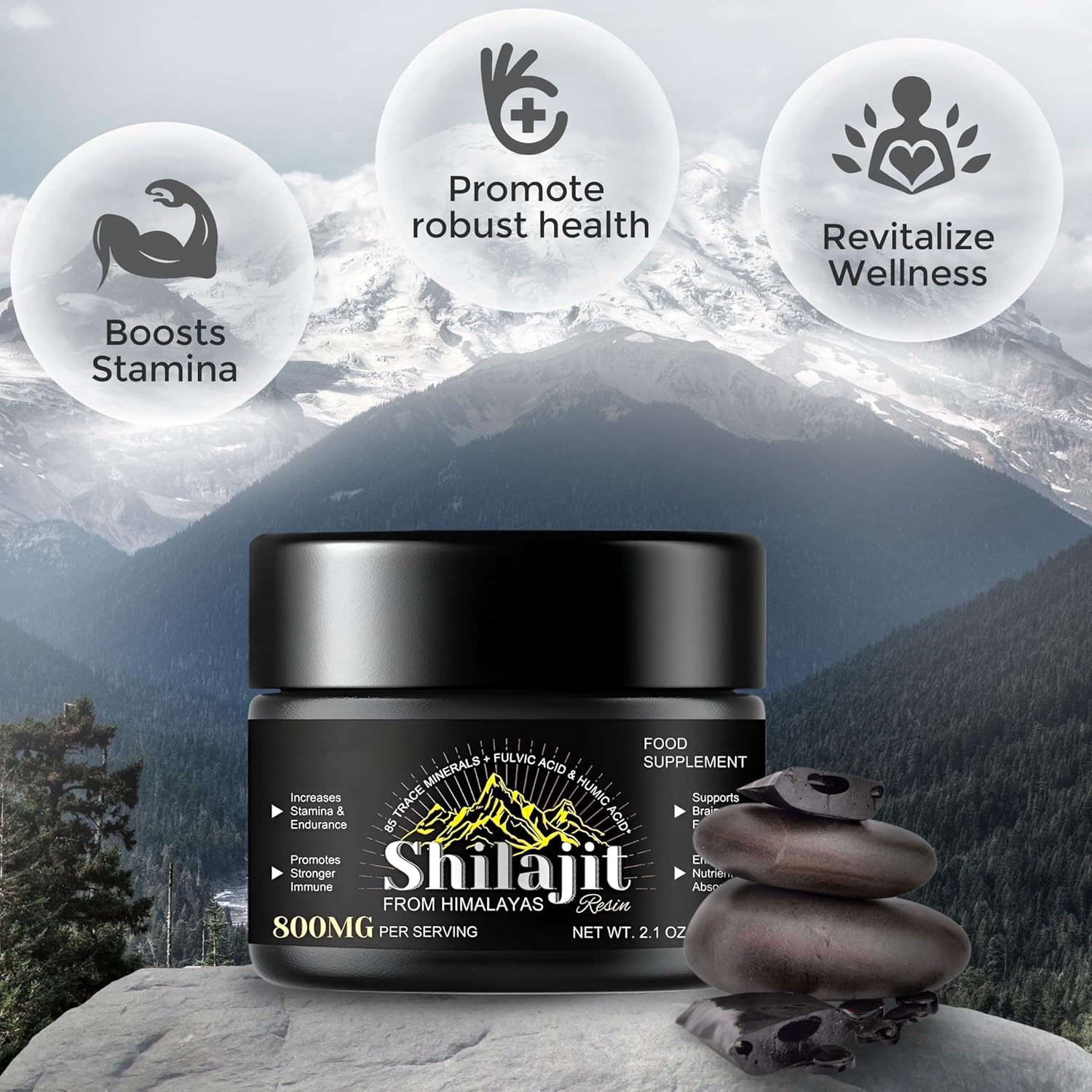 Organic Pure Himalayan Shilajit Resin 800mg - 60g Pack || Natural Shilajit for Women & Men || 85+ Trace Minerals, Fulvic Acid