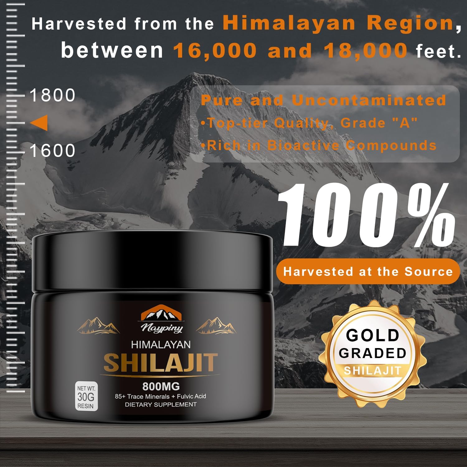 Organic Pure Himalayan Shilajit Resin 800mg - Gold Grade with Fulvic Acid & 85+ Trace Minerals for Energy, Strength, Immunity - Men & Women, 800mg