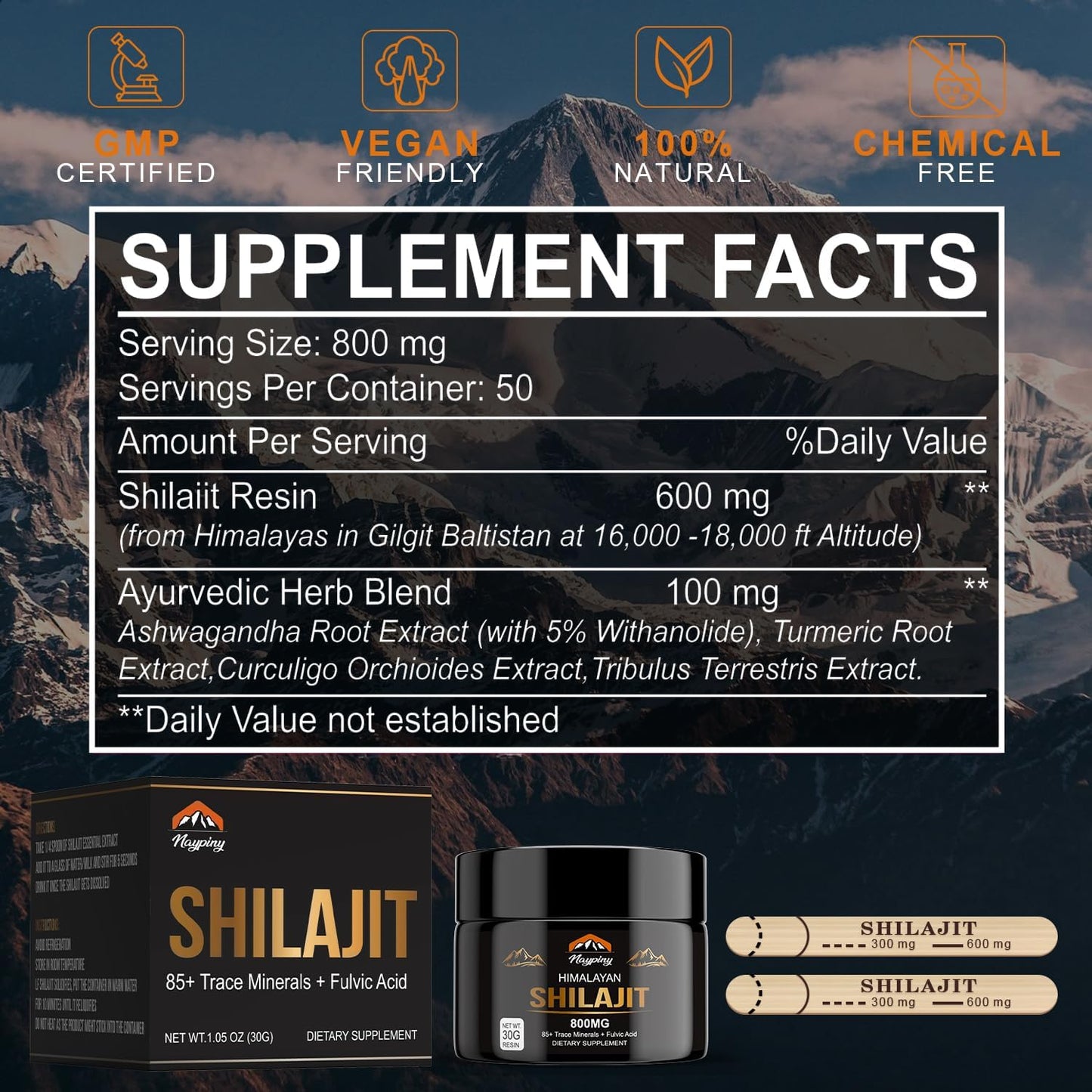 Organic Pure Himalayan Shilajit Resin 800mg - Gold Grade with Fulvic Acid & 85+ Trace Minerals for Energy, Strength, Immunity - Men & Women, 800mg