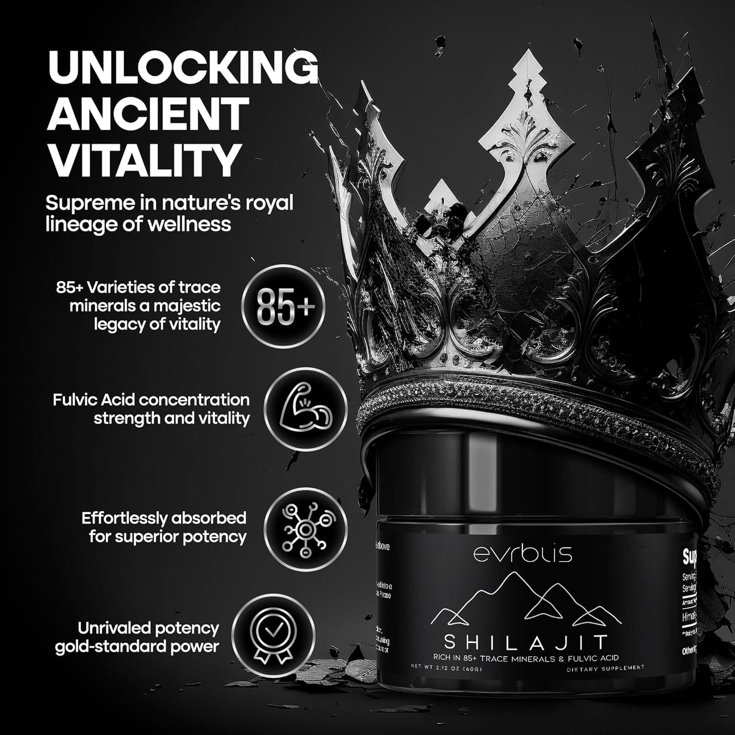 Organic Pure Himalayan Shilajit Resin Supplement for Energy & Immune Support - Max Potency Gold Grade Formula with 85+ Minerals & Fulvic Acid - 60g, 120 Servings