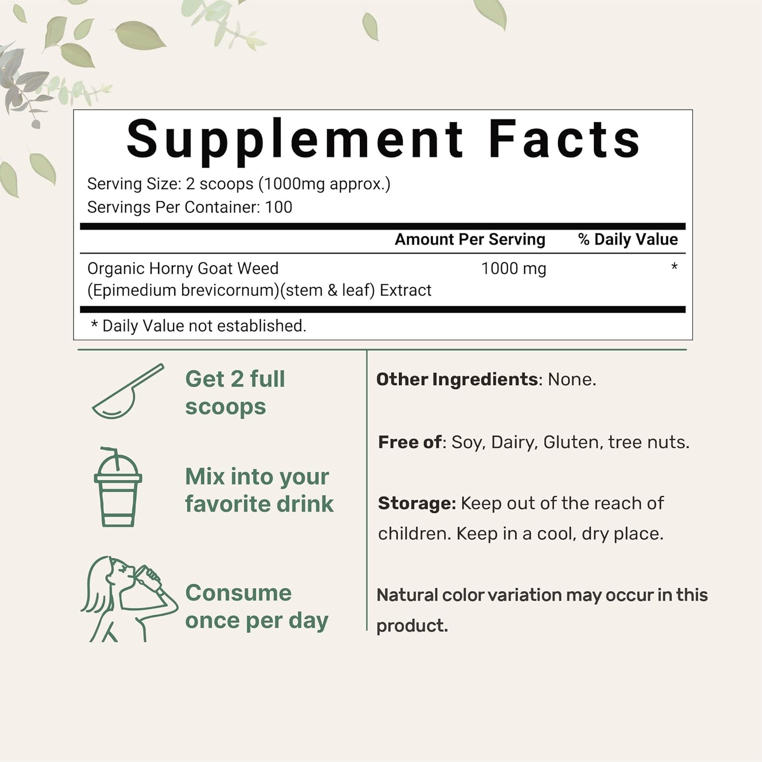 Organic Pure Horny Goat Weed Powder with Active Icariins - 100g - Energy & Immune Support for Men and Women - Filler-Free & Vegan