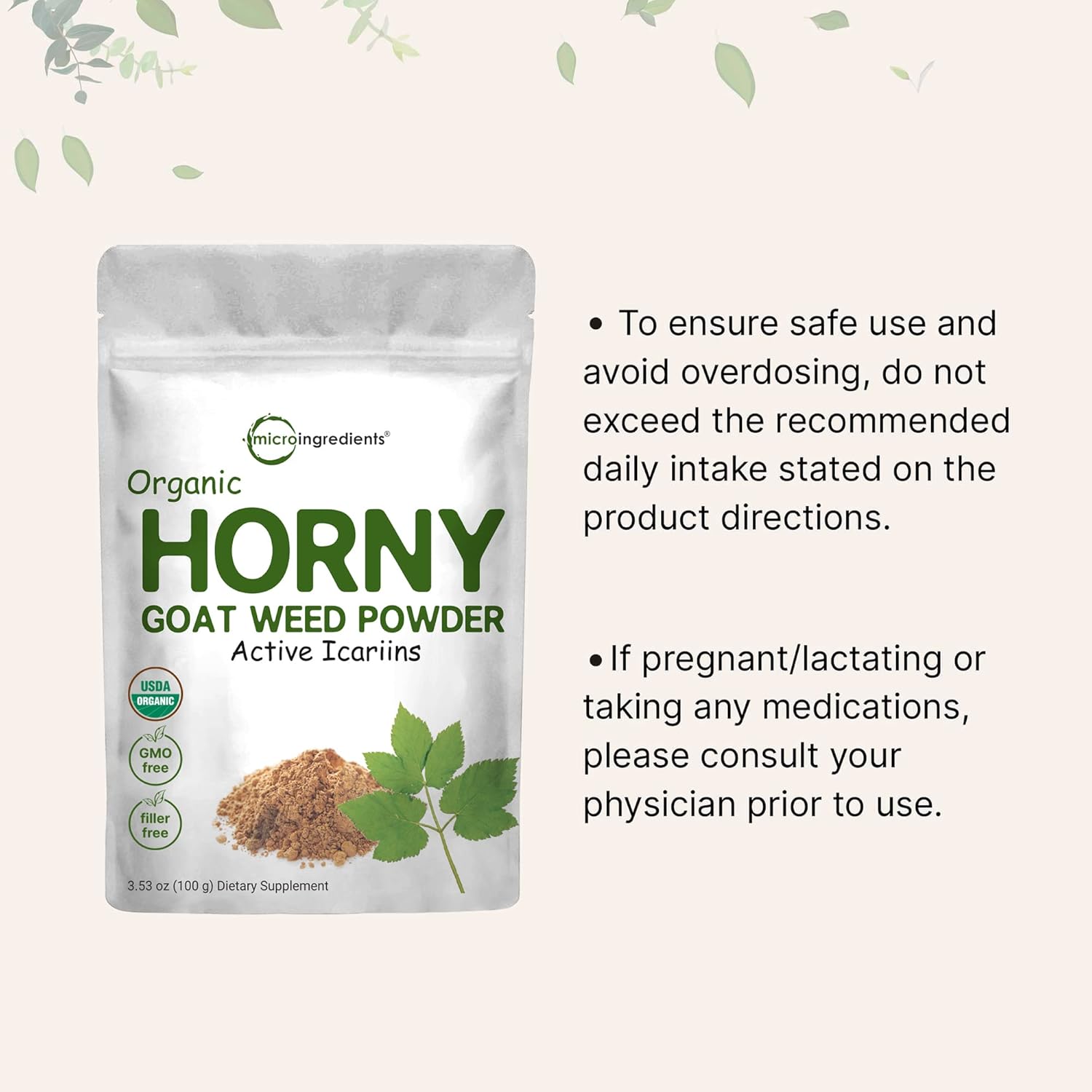 Organic Pure Horny Goat Weed Powder with Active Icariins - 100g - Energy & Immune Support for Men and Women - Filler-Free & Vegan