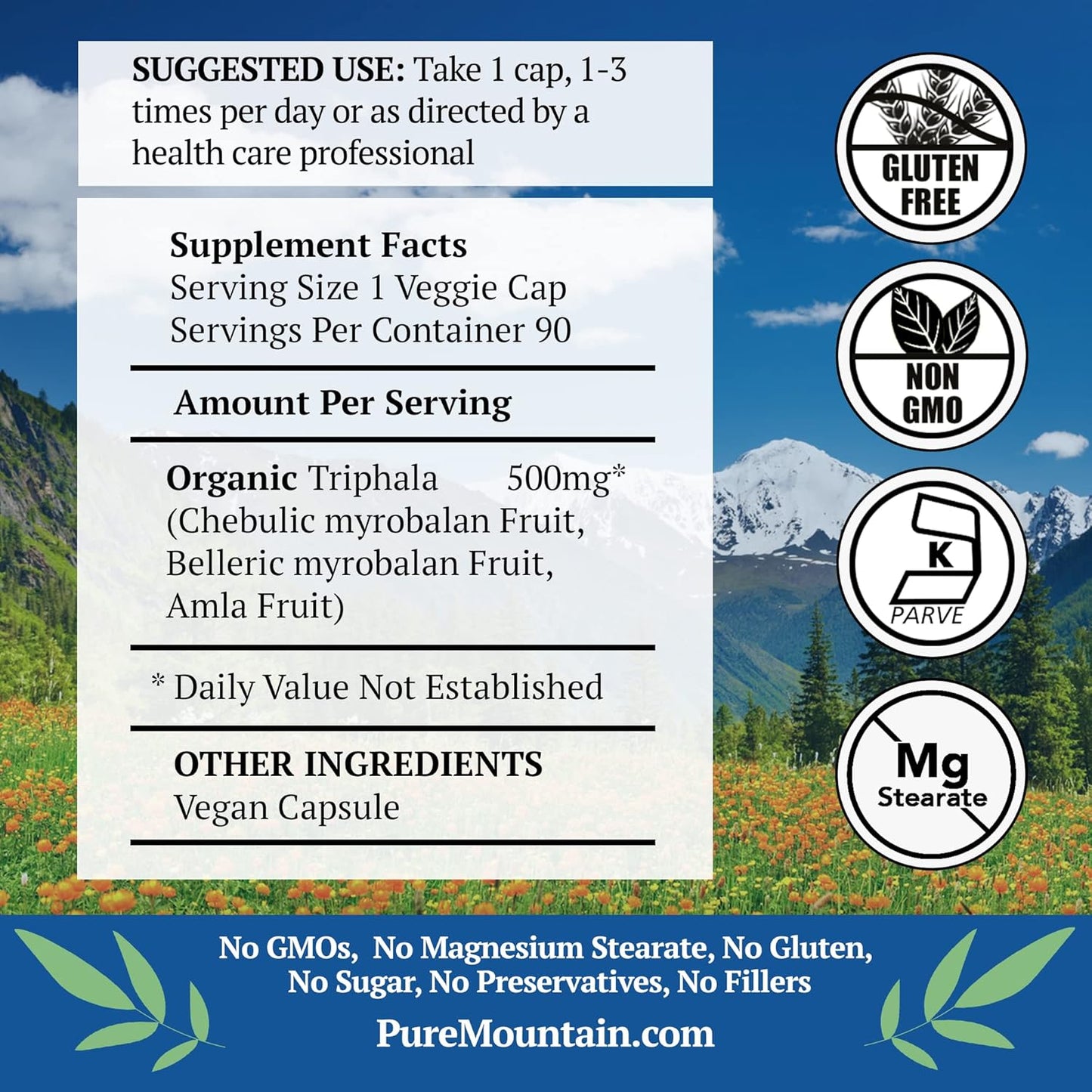 Organic Pure Mountain Botanicals Triphala Capsules - 90 Kosher Vegan Caps - 500mg Amla Indian Fruit Blend