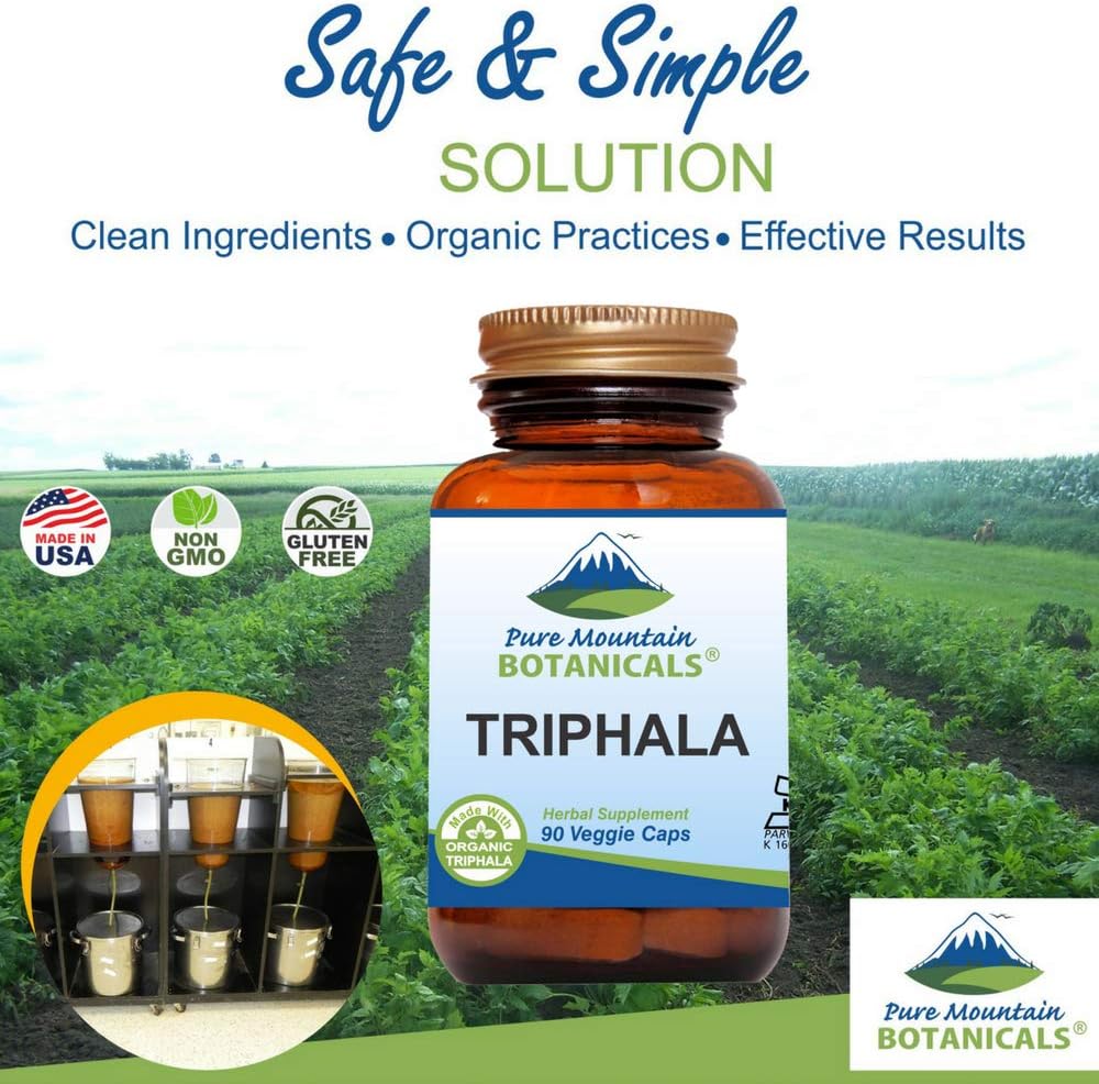 Organic Pure Mountain Botanicals Triphala Capsules - 90 Kosher Vegan Caps - 500mg Amla Indian Fruit Blend