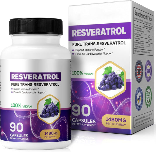 Organic Pure Resveratrol Supplement 1480mg - 90 Capsules for Fast Absorption - Skin & Body Health for Men & Women - Non-GMO & Gluten-Free