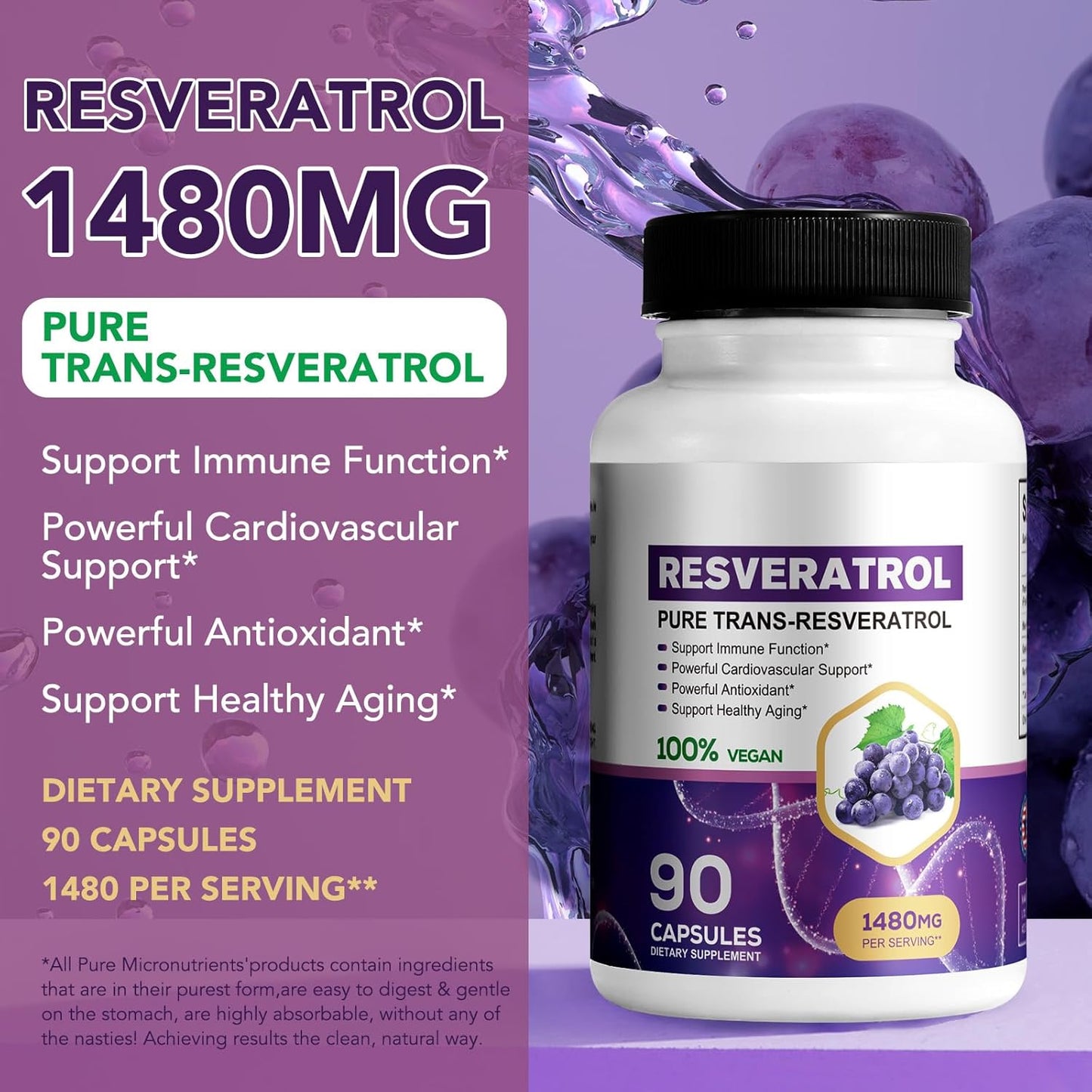 Organic Pure Resveratrol Supplement 1480mg - 90 Capsules for Fast Absorption - Skin & Body Health for Men & Women - Non-GMO & Gluten-Free