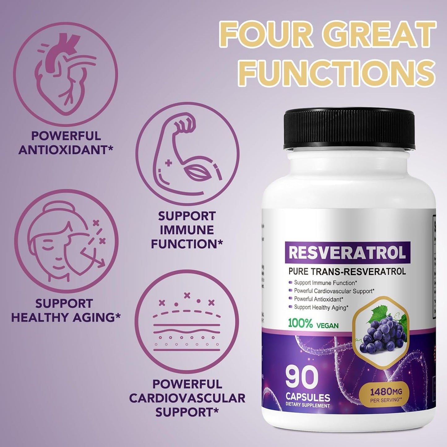 Organic Pure Resveratrol Supplement 1480mg - 90 Capsules for Fast Absorption - Skin & Body Health for Men & Women - Non-GMO & Gluten-Free