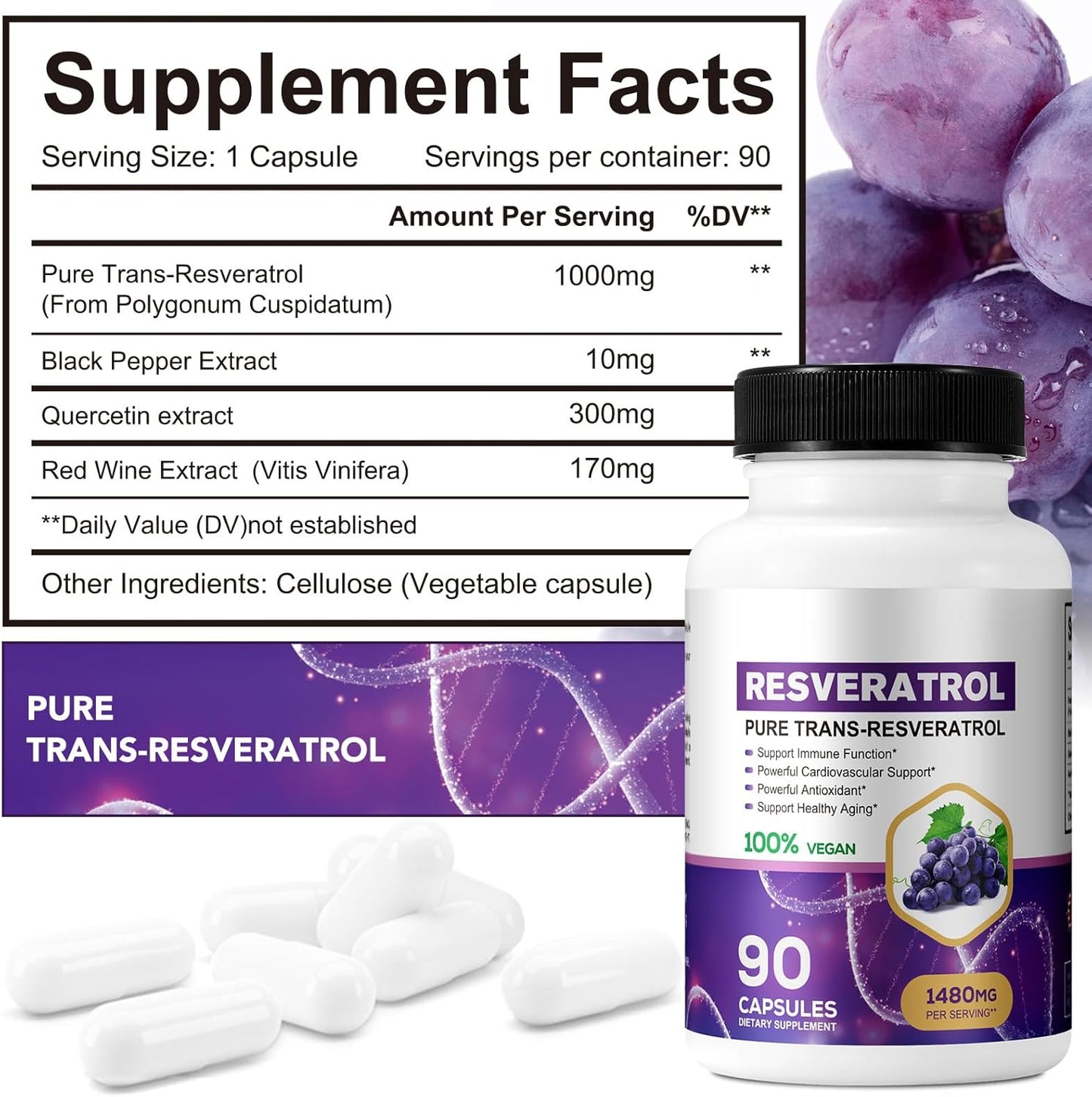 Organic Pure Resveratrol Supplement 1480mg - 90 Capsules for Fast Absorption - Skin & Body Health for Men & Women - Non-GMO & Gluten-Free