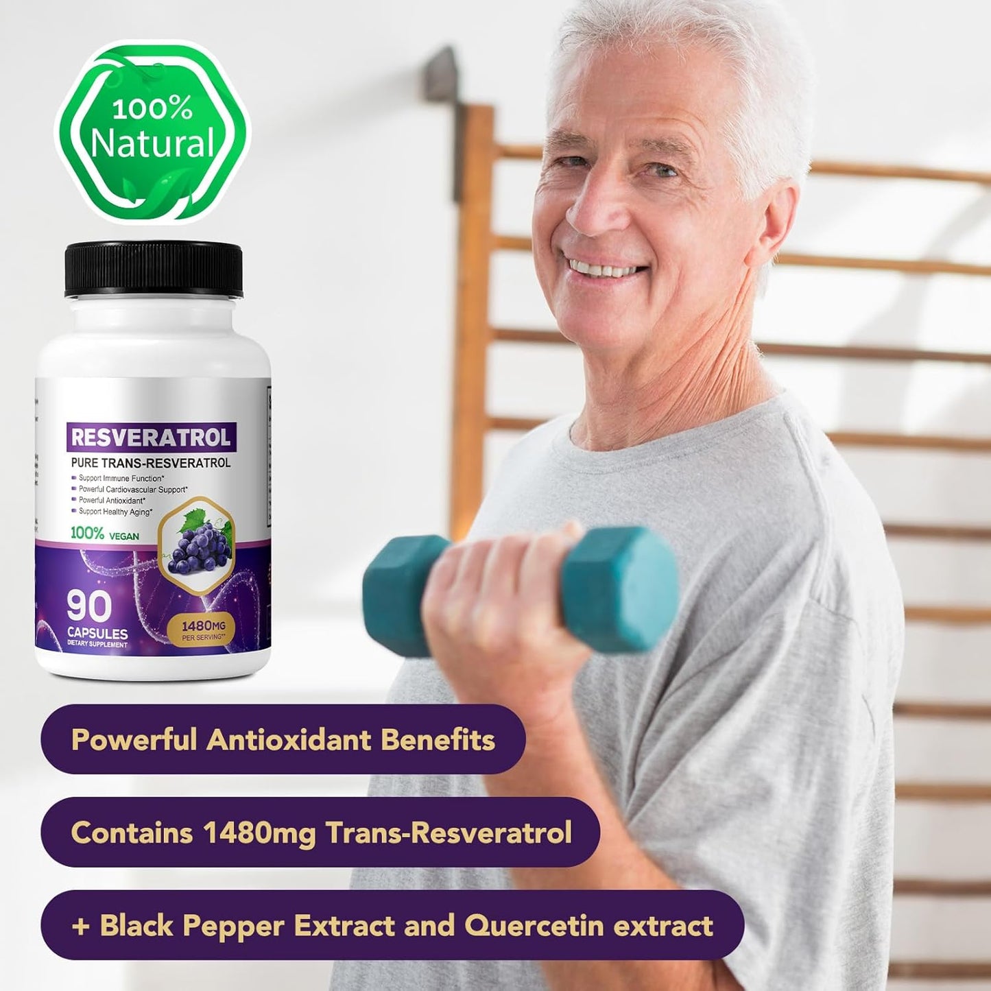 Organic Pure Resveratrol Supplement 1480mg - 90 Capsules for Fast Absorption - Skin & Body Health for Men & Women - Non-GMO & Gluten-Free