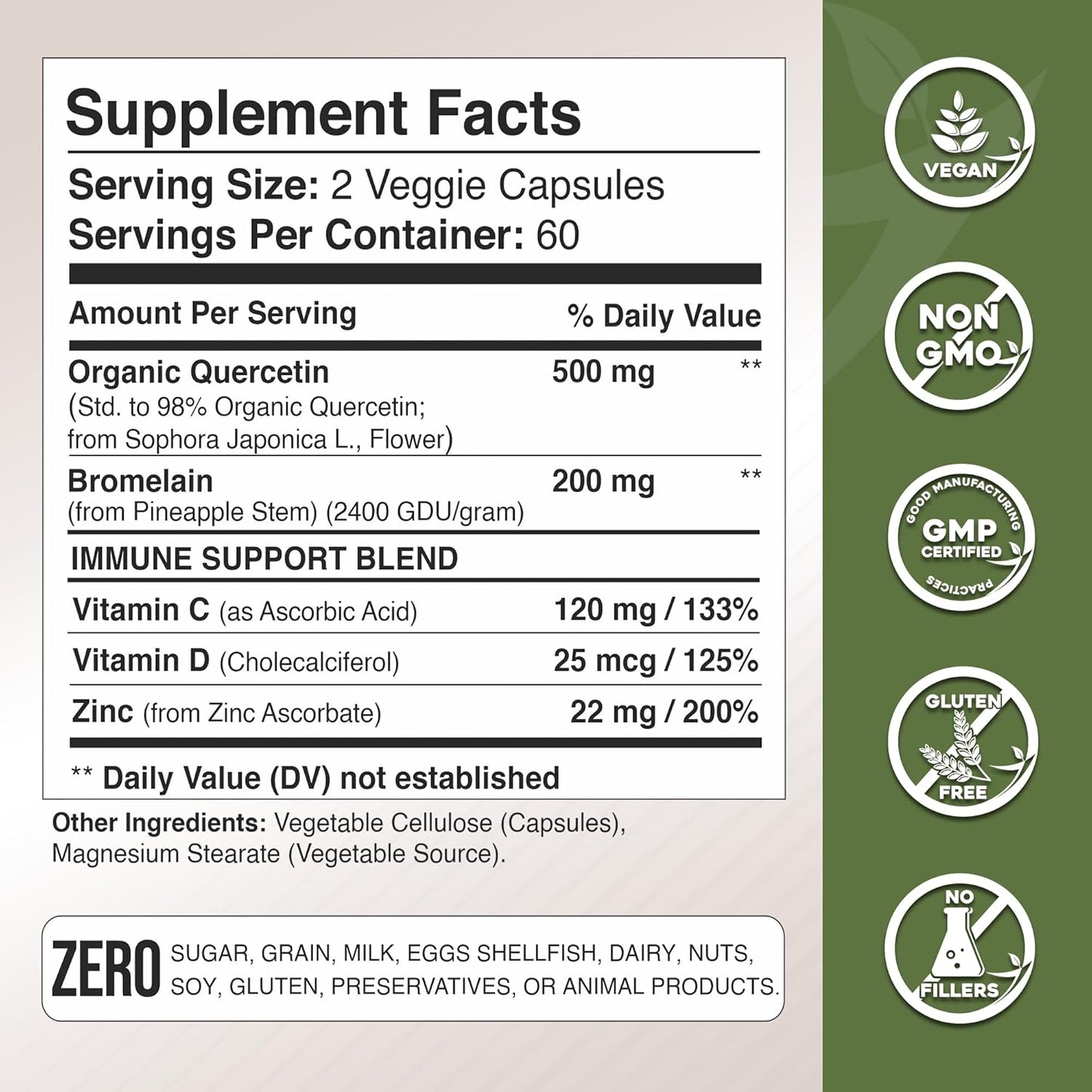 Organic Quercetin with Bromelain, Vitamin C, and Zinc | Immune Support Supplement | 500mg Capsules | Made in USA