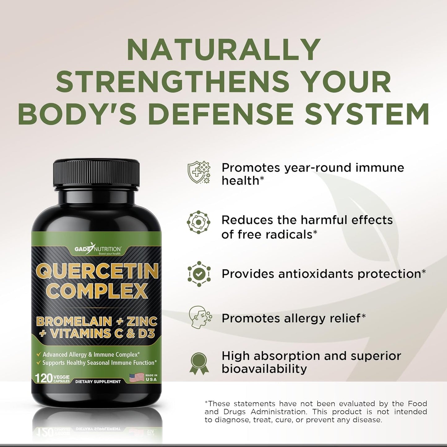 Organic Quercetin with Bromelain, Vitamin C, and Zinc | Immune Support Supplement | 500mg Capsules | Made in USA