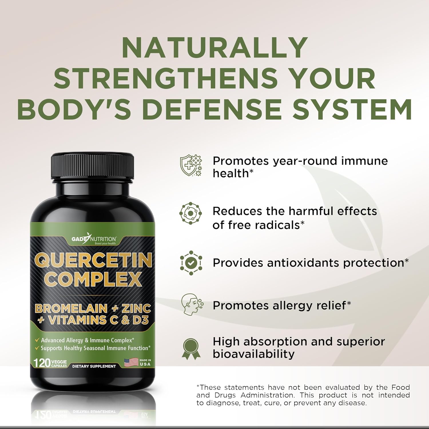 Organic Quercetin with Bromelain, Vitamin C, and Zinc | Immune Support Supplement | 500mg Capsules | Made in USA