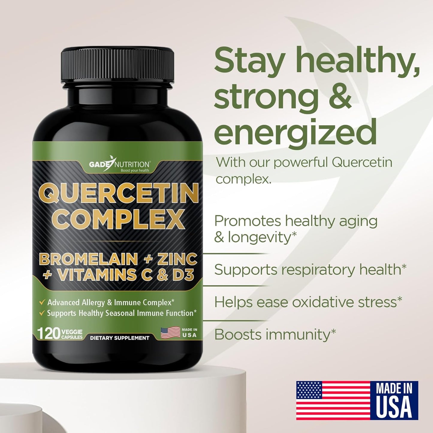 Organic Quercetin with Bromelain, Vitamin C, and Zinc | Immune Support Supplement | 500mg Capsules | Made in USA