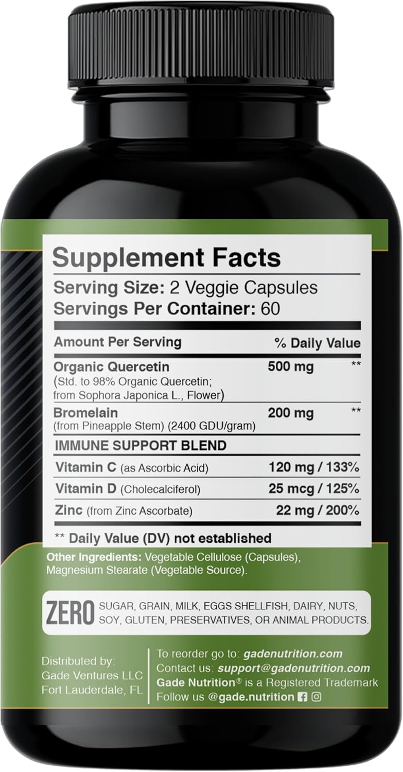 Organic Quercetin with Bromelain, Vitamin C, and Zinc | Immune Support Supplement | 500mg Capsules | Made in USA