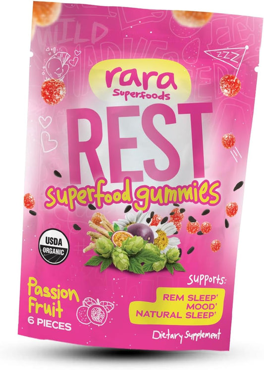 Organic Rara Superfoods Rest Gummies: Natural Sleep & Cognitive Support with Ashwagandha & Chamomile - Vegan & Gluten-Free (6 Gummies)