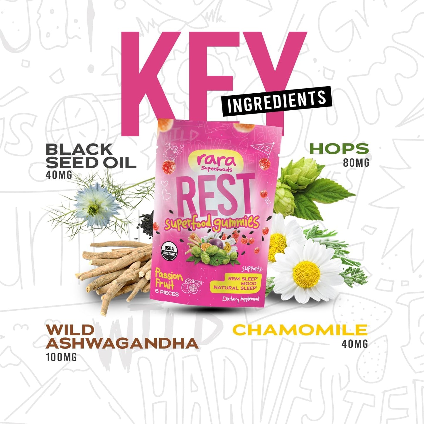 Organic Rara Superfoods Rest Gummies: Natural Sleep & Cognitive Support with Ashwagandha & Chamomile - Vegan & Gluten-Free (6 Gummies)