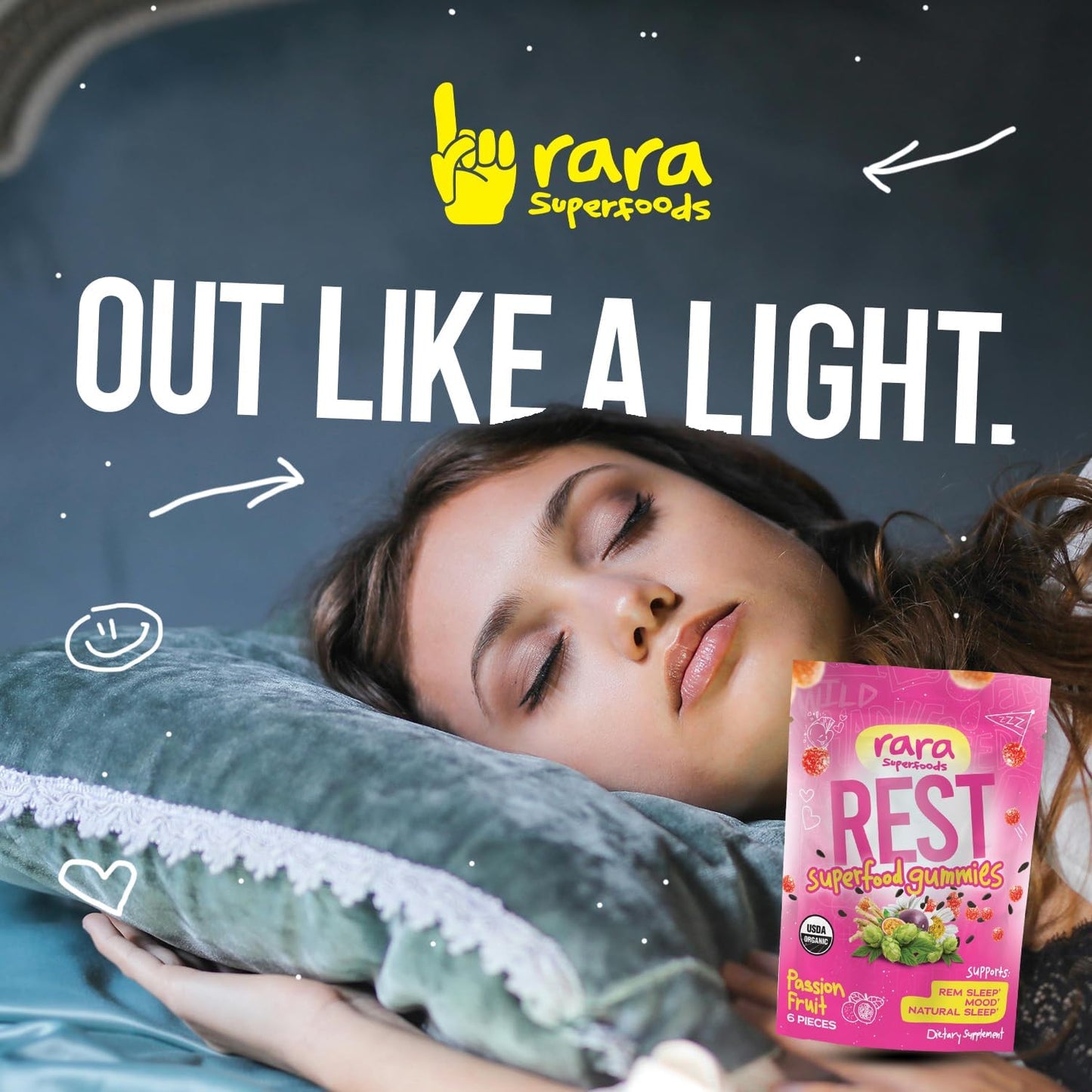 Organic Rara Superfoods Rest Gummies: Natural Sleep & Cognitive Support with Ashwagandha & Chamomile - Vegan & Gluten-Free (6 Gummies)