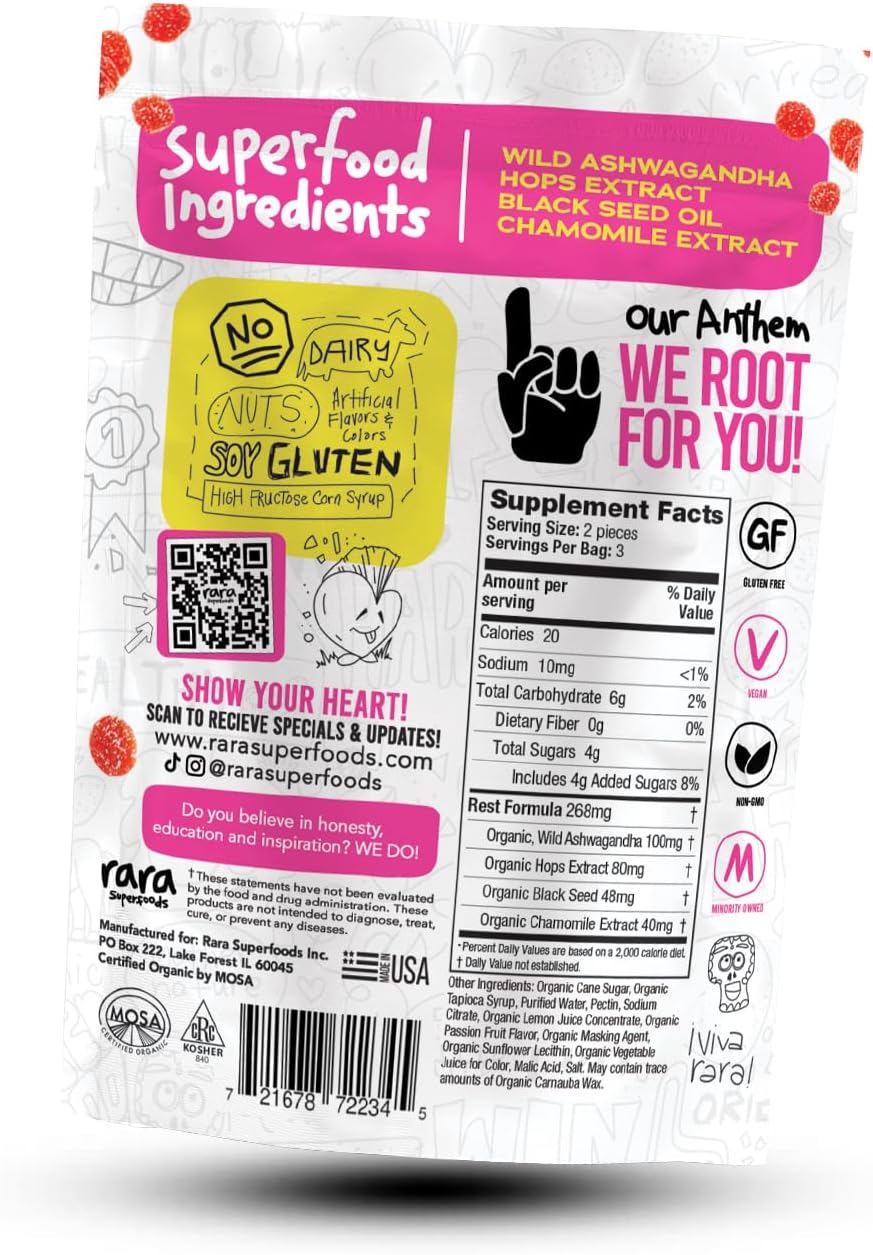 Organic Rara Superfoods Rest Gummies: Natural Sleep & Cognitive Support with Ashwagandha & Chamomile - Vegan & Gluten-Free (6 Gummies)