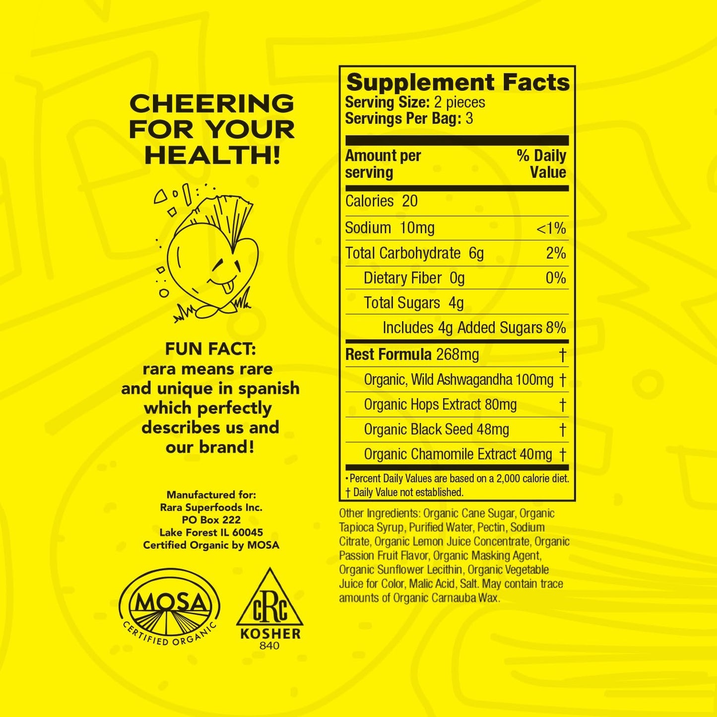 Organic Rara Superfoods Rest Gummies: Natural Sleep & Cognitive Support with Ashwagandha & Chamomile - Vegan & Gluten-Free (6 Gummies)