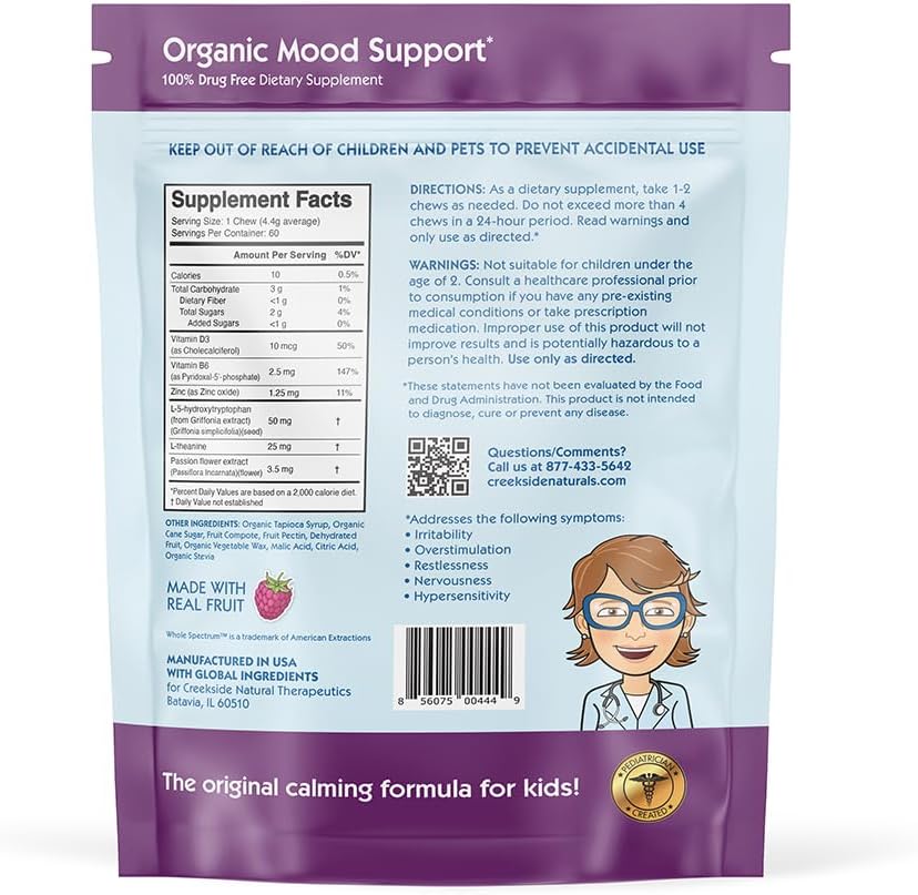 Organic Raspberry Flavored Kids Mood Support Gummies with 5-HTP, L-Theanine, and Passionflower - 60 Vegan Chews by Creekside Natural Therapeutics