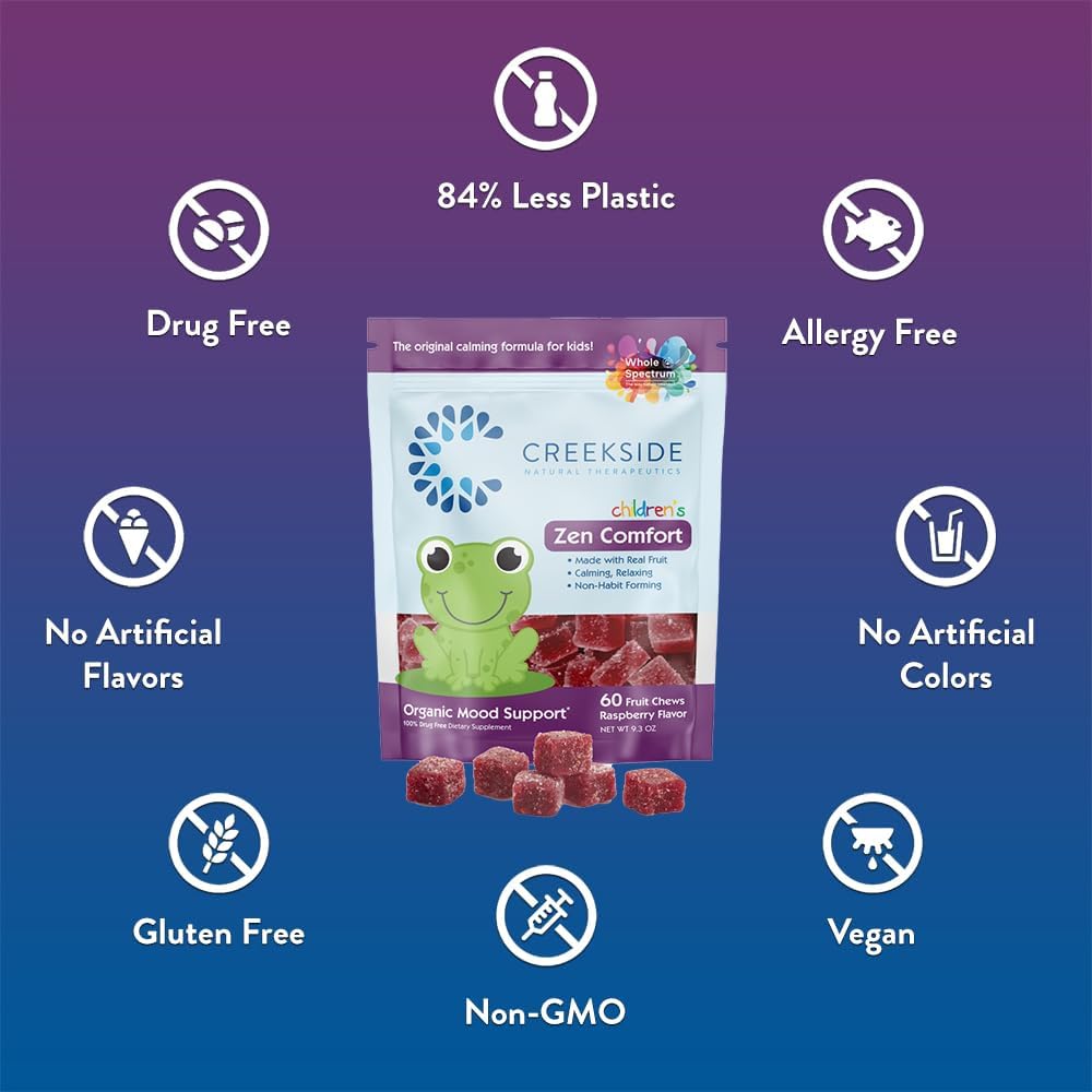 Organic Raspberry Flavored Kids Mood Support Gummies with 5-HTP, L-Theanine, and Passionflower - 60 Vegan Chews by Creekside Natural Therapeutics