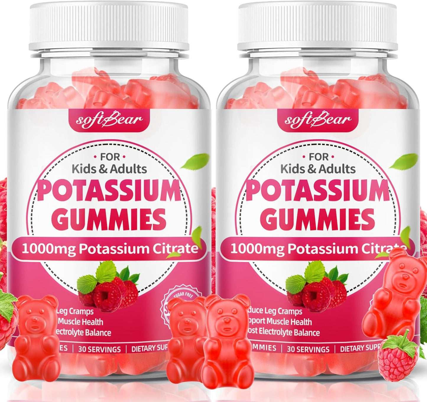 Organic Raspberry Flavored Potassium Gummies 1000mg for Adults - Supports Leg Cramps & Muscle Health - 120 Count