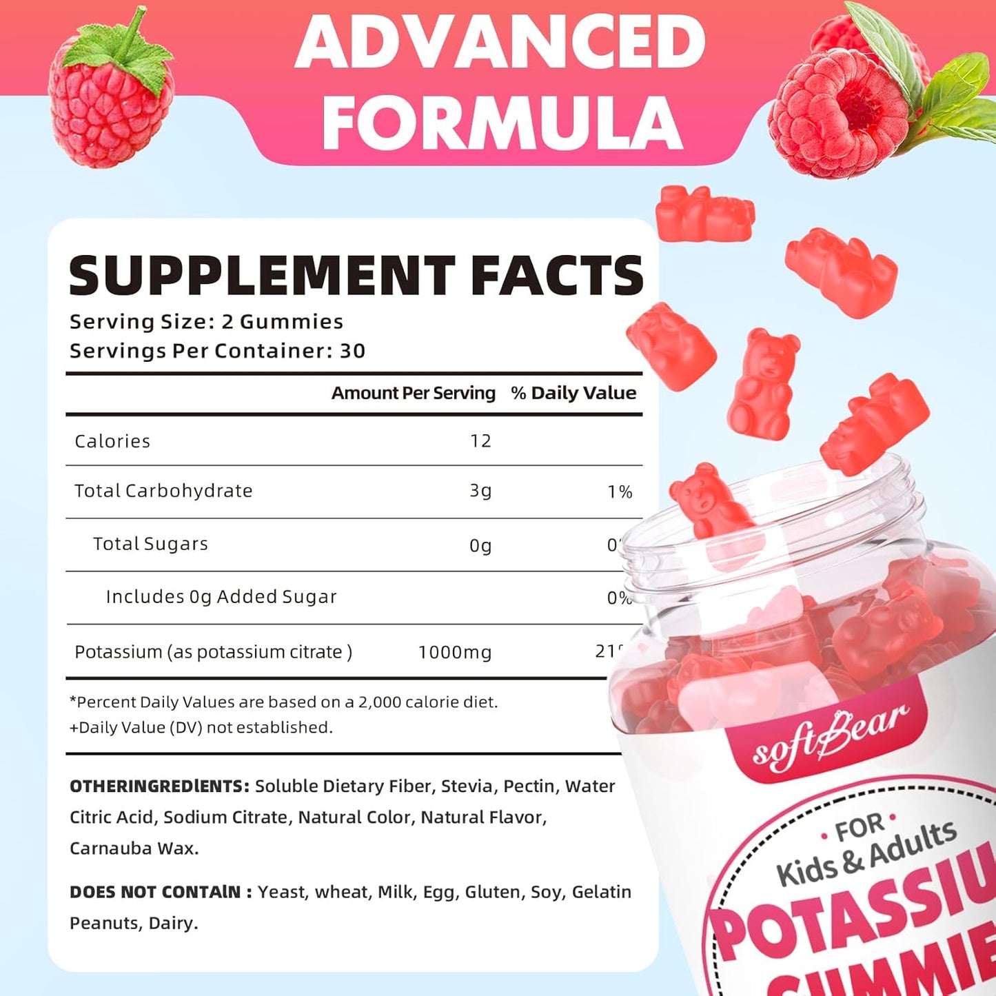 Organic Raspberry Flavored Potassium Gummies 1000mg for Adults - Supports Leg Cramps & Muscle Health - 120 Count
