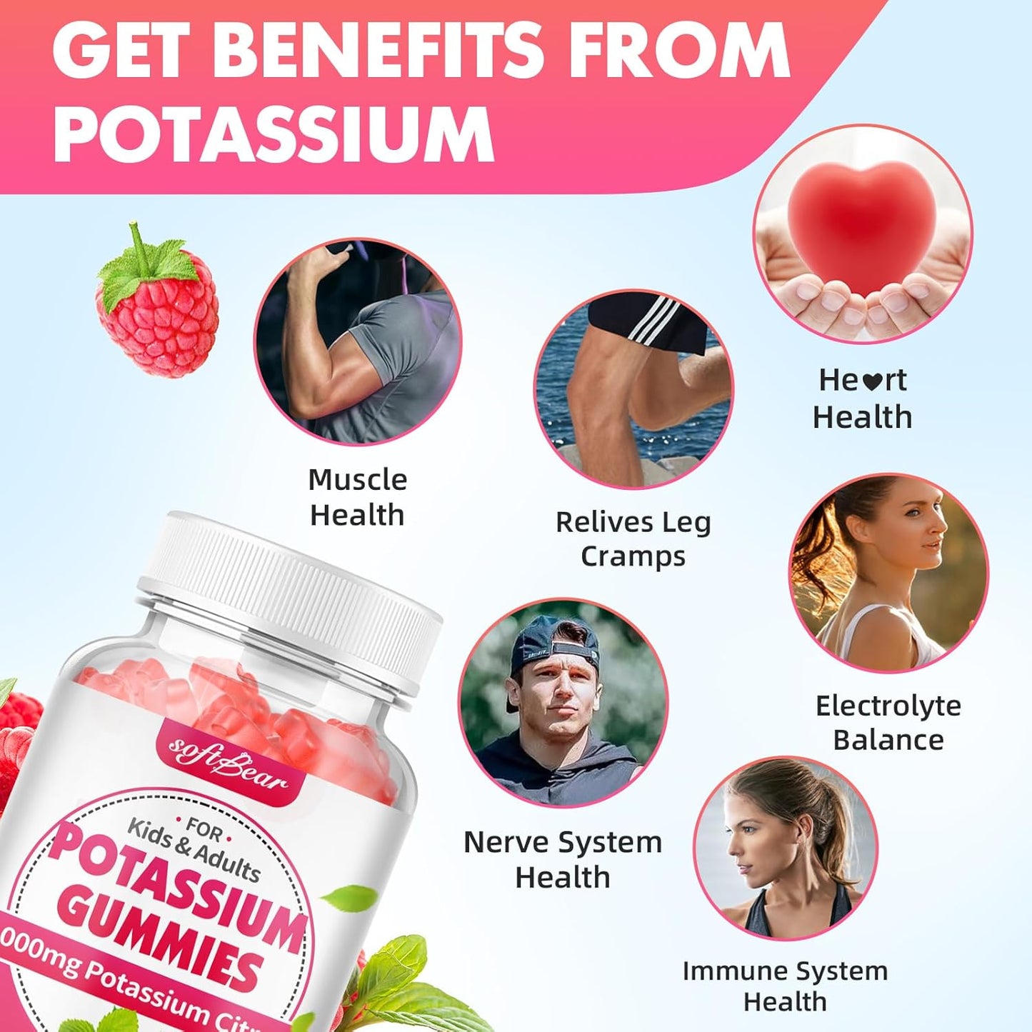 Organic Raspberry Flavored Potassium Gummies 1000mg for Adults - Supports Leg Cramps & Muscle Health - 120 Count
