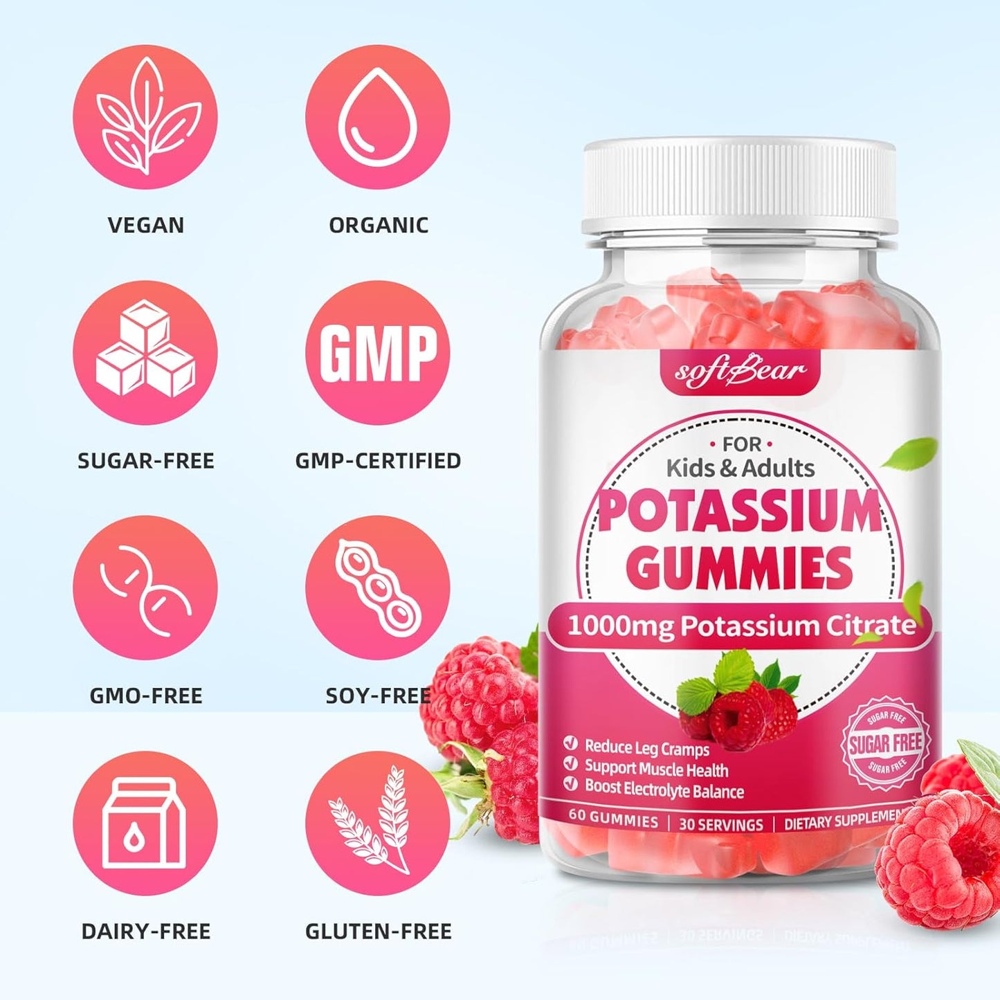 Organic Raspberry Flavored Potassium Gummies 1000mg for Adults - Supports Leg Cramps & Muscle Health - 120 Count